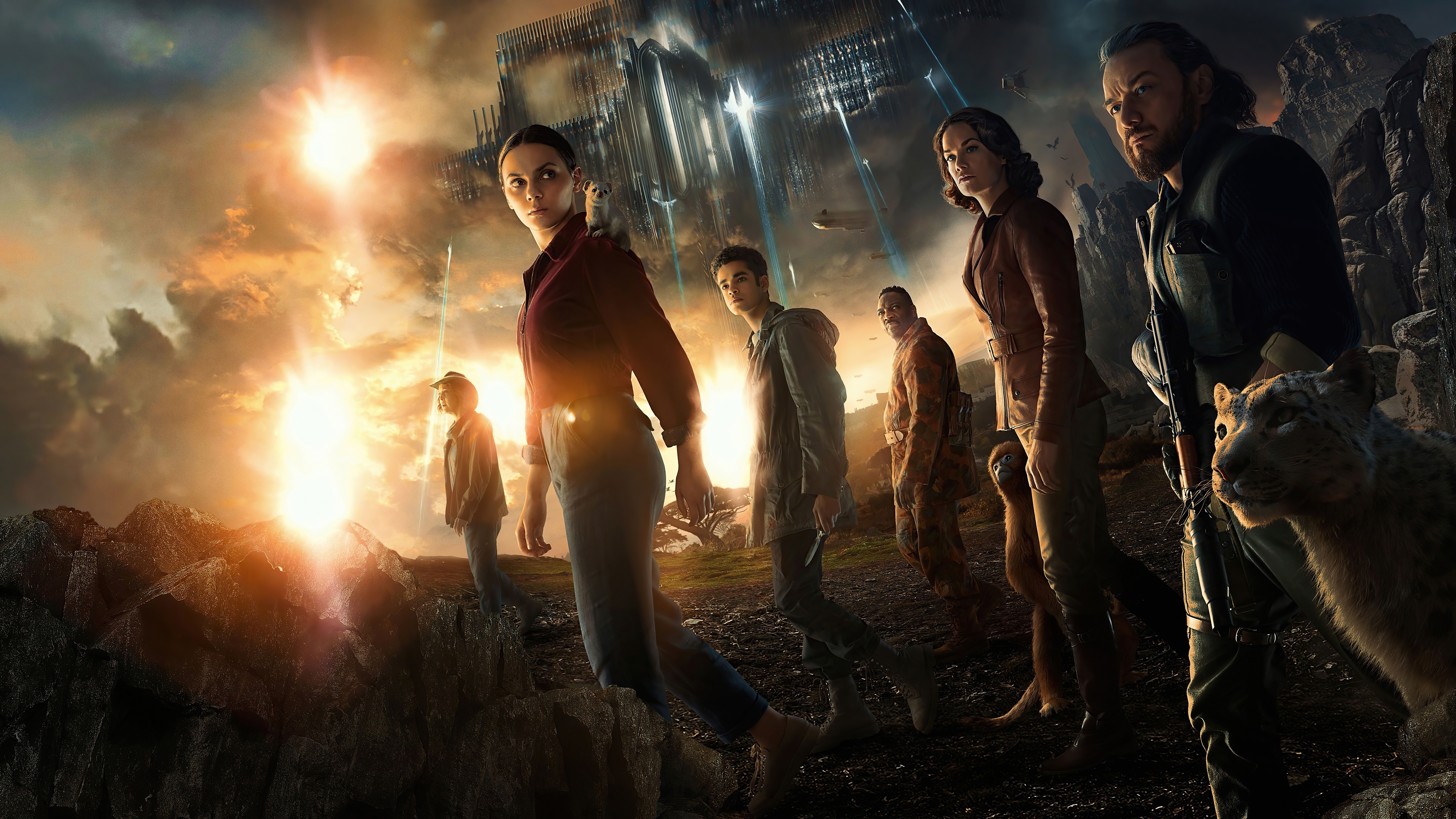 His Dark Materials characters with a futuristic city in the background HD Wallpaper