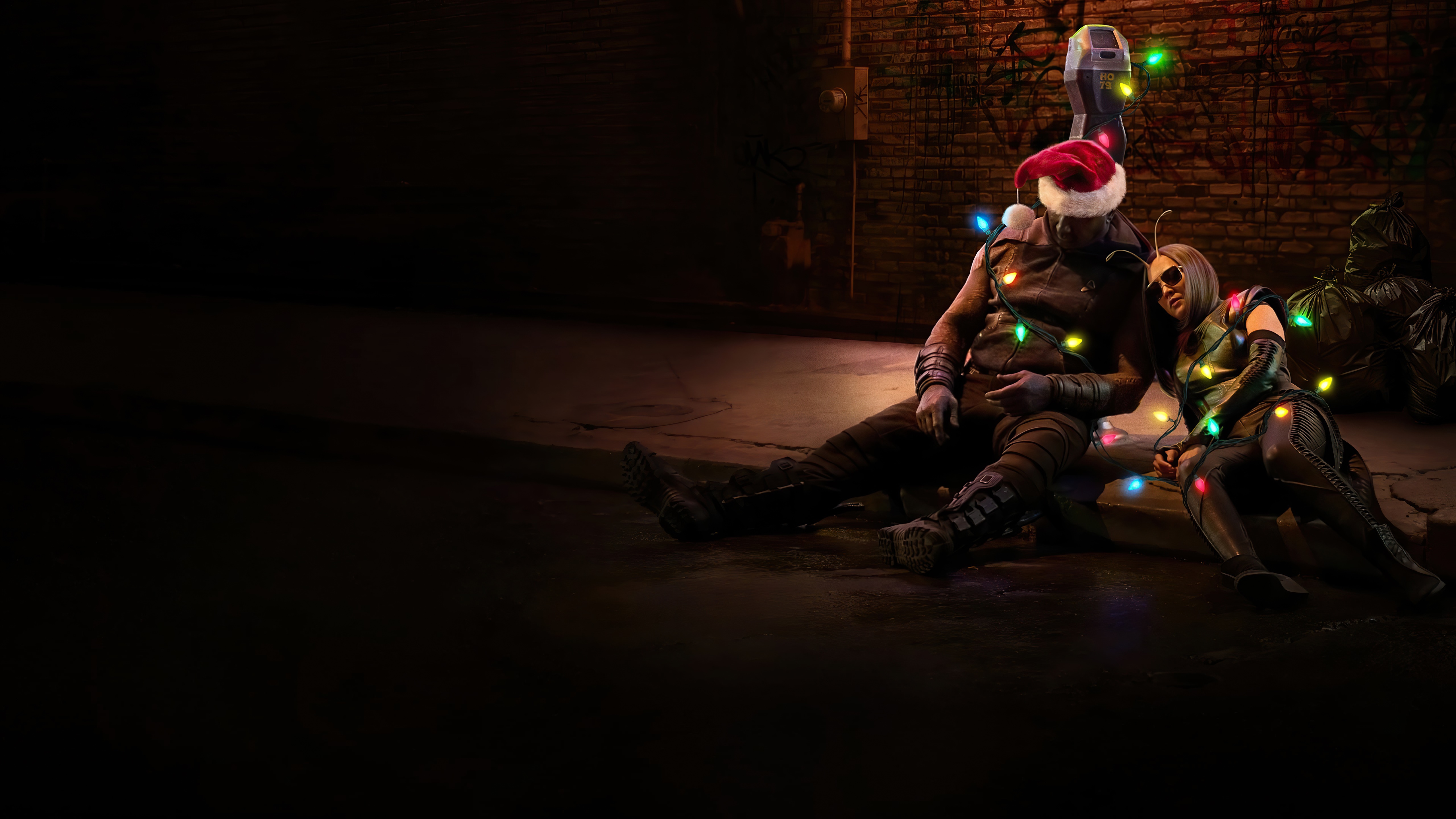 Drax and Mantis from Guardians of the Galaxy with Christmas lights HD Wallpaper
