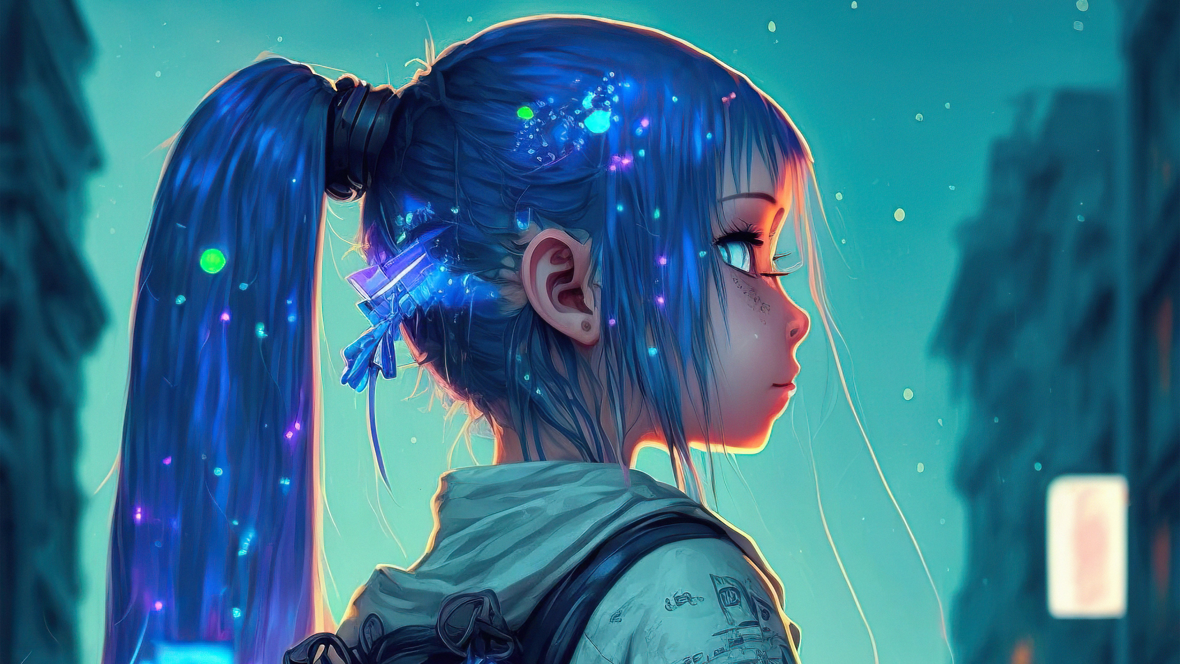 Anime girl with blue hair and glowing particles HD Wallpaper