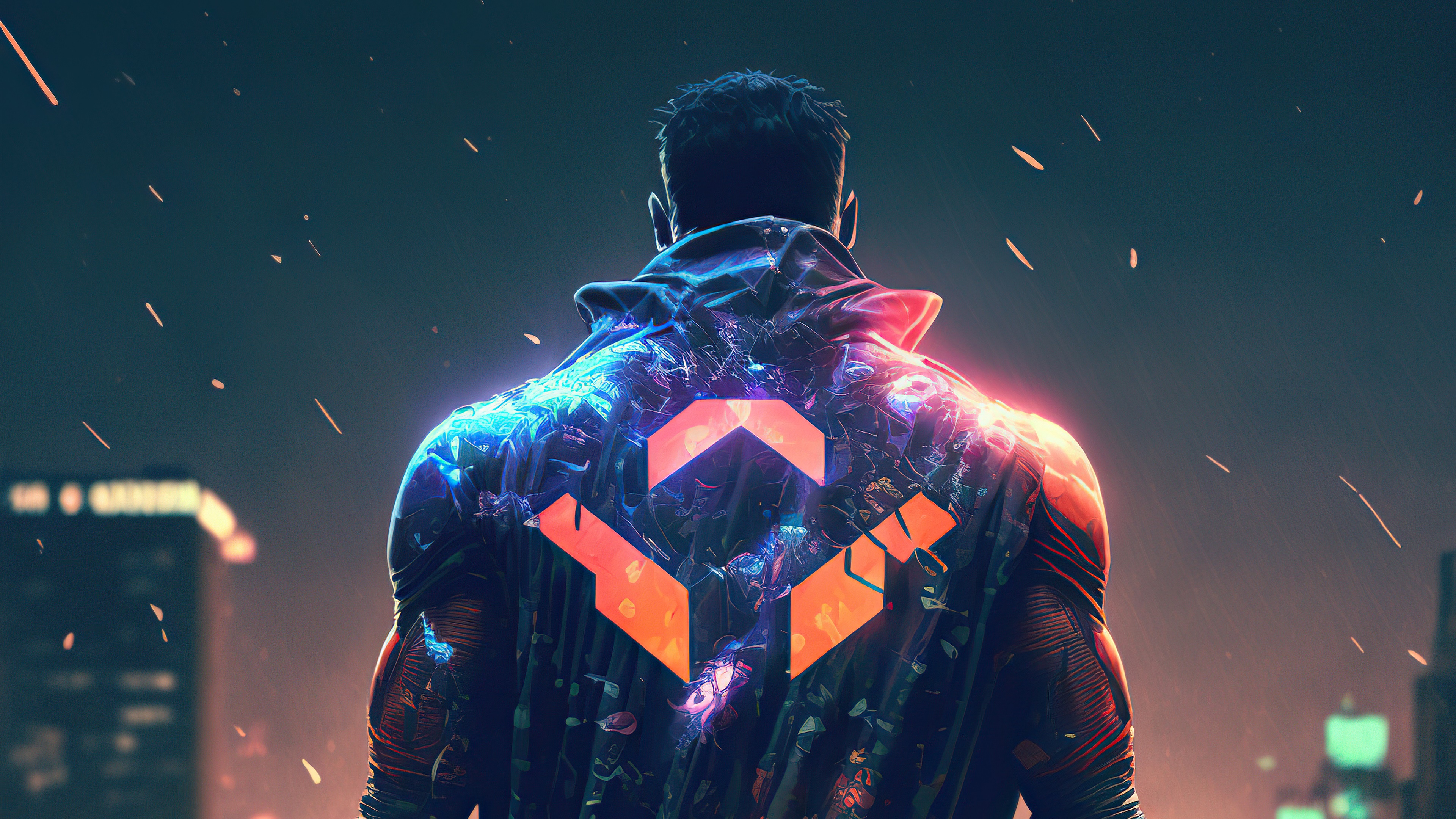 Man with glowing symbol on jacket in city at night HD Wallpaper