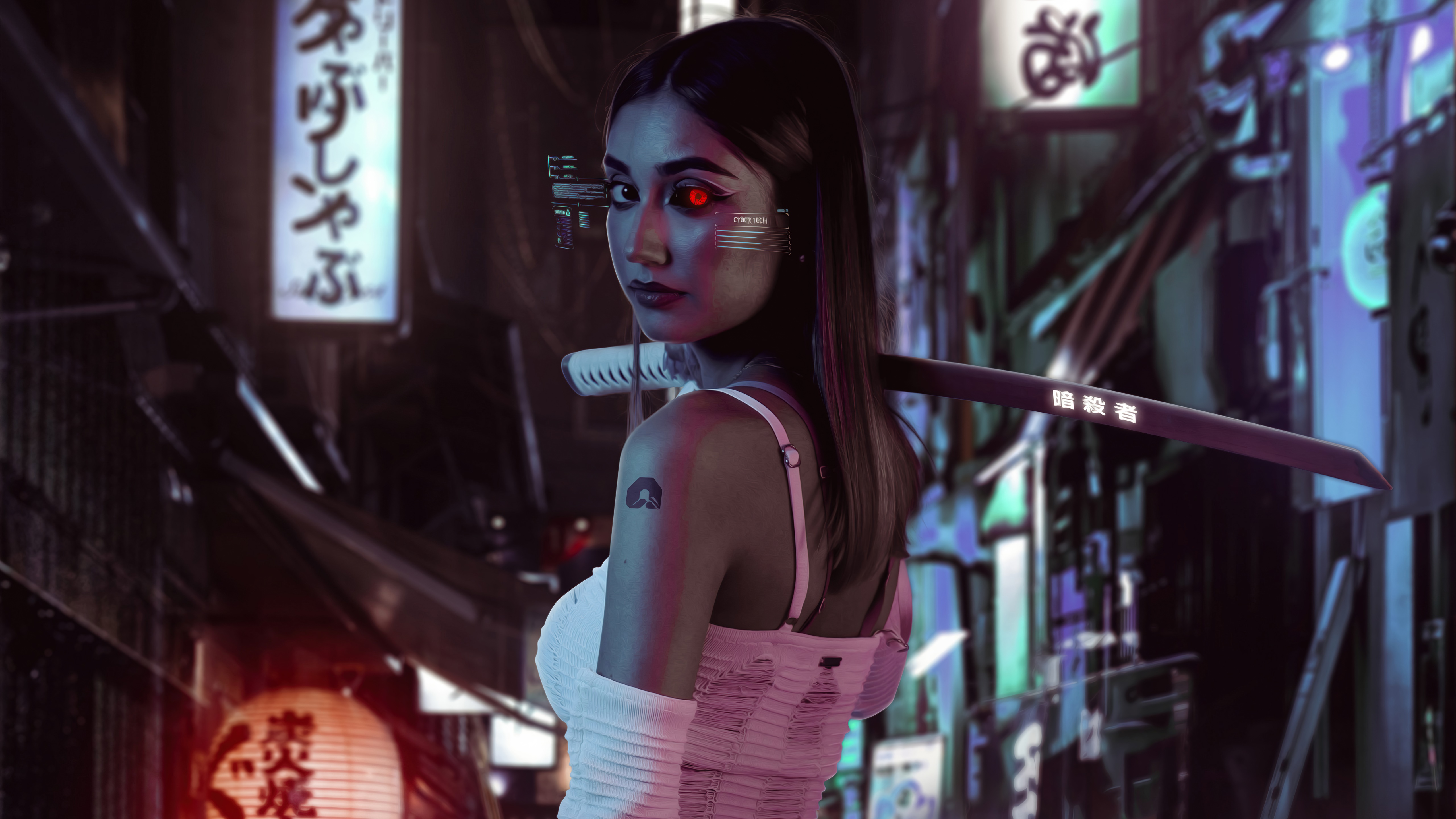 Cyberpunk woman with katana in neon city HD Wallpaper