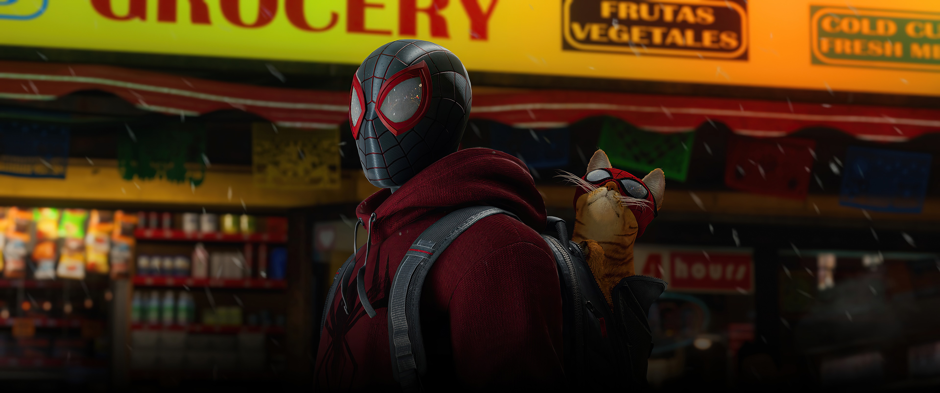 Spider-Man Miles Morales with a cat in front of a grocery store HD Wallpaper