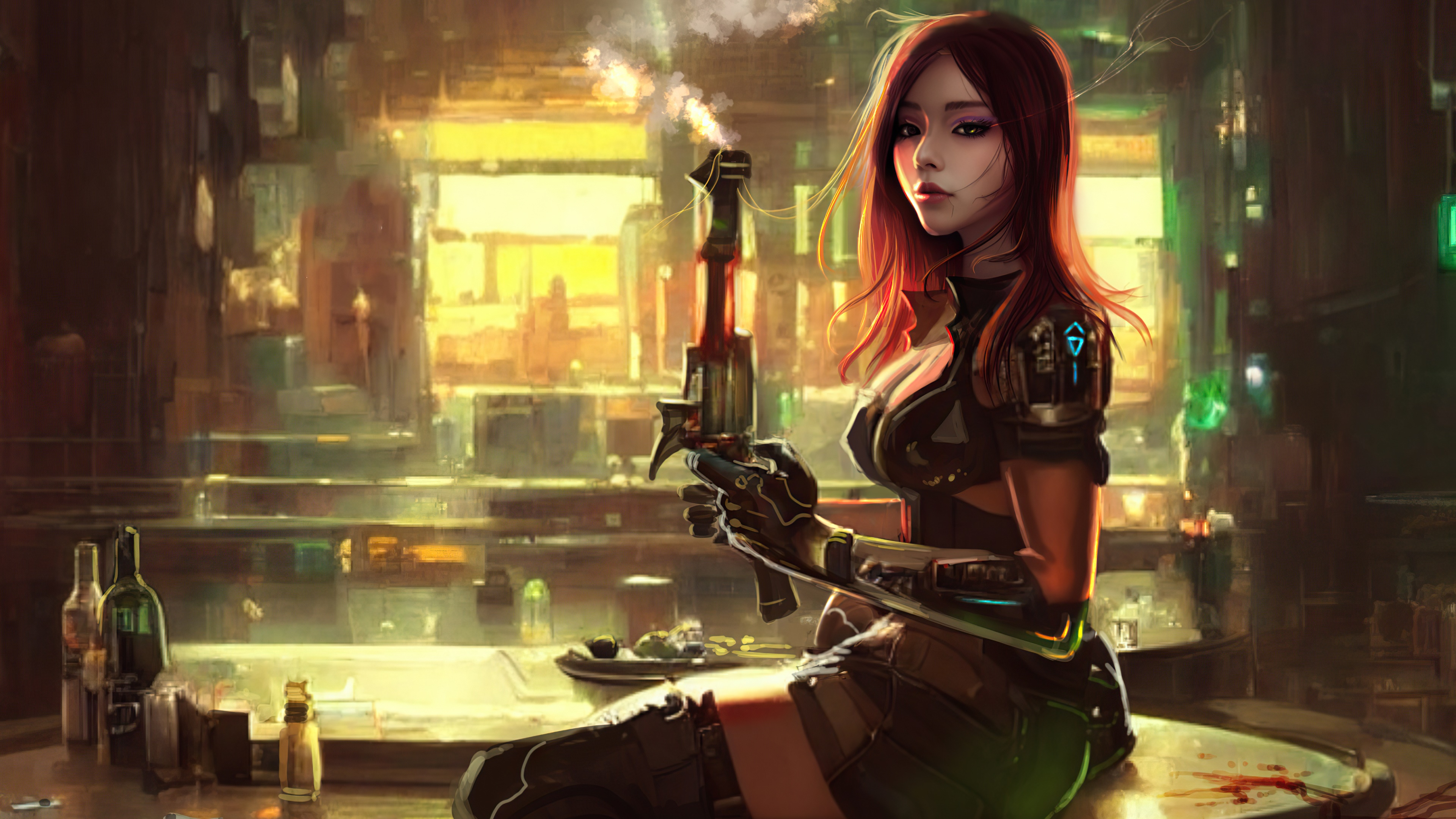 Fantasy girl with a gun in a bar HD Wallpaper