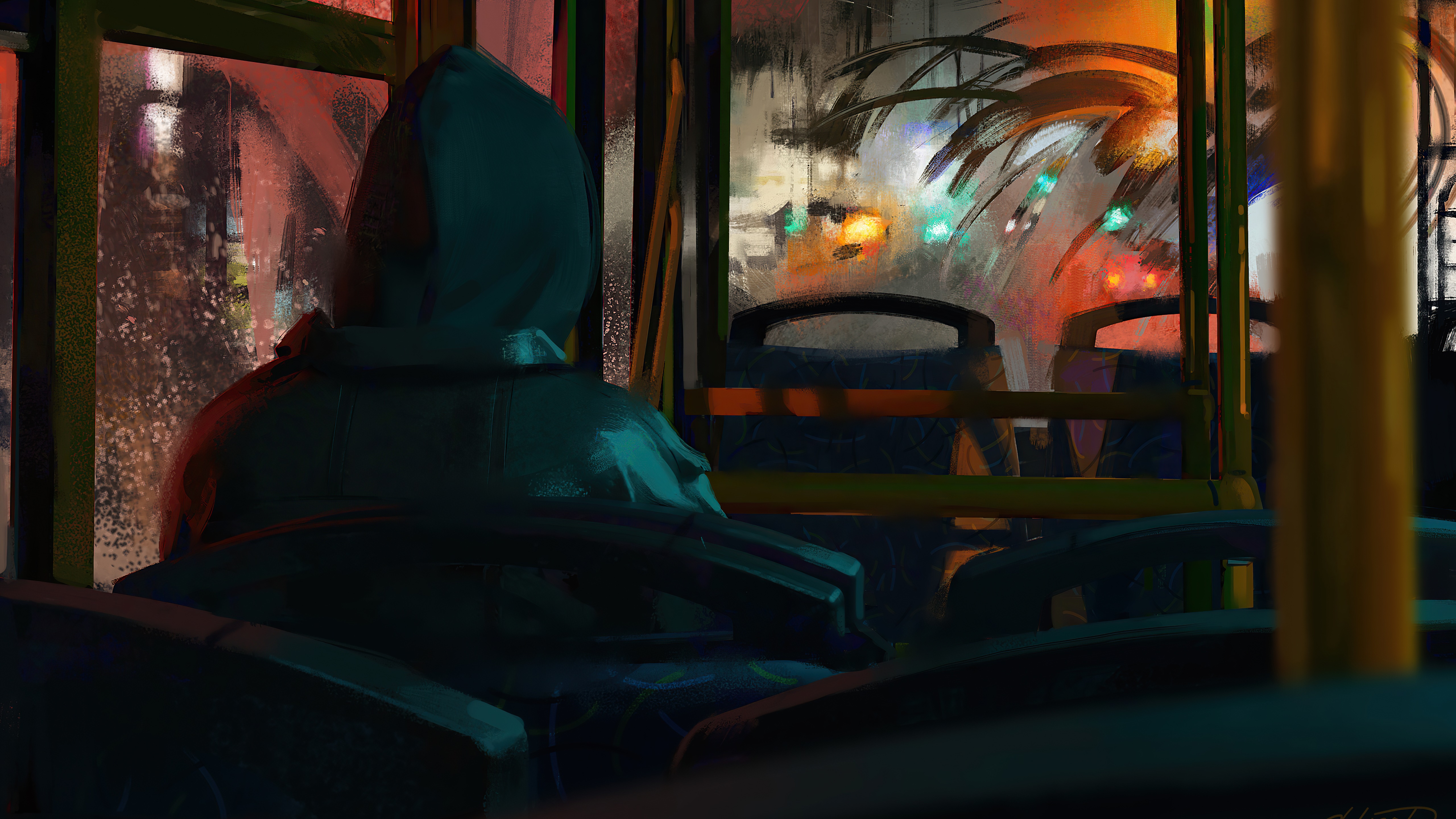 Person in hoodie on a rainy bus at night HD Wallpaper