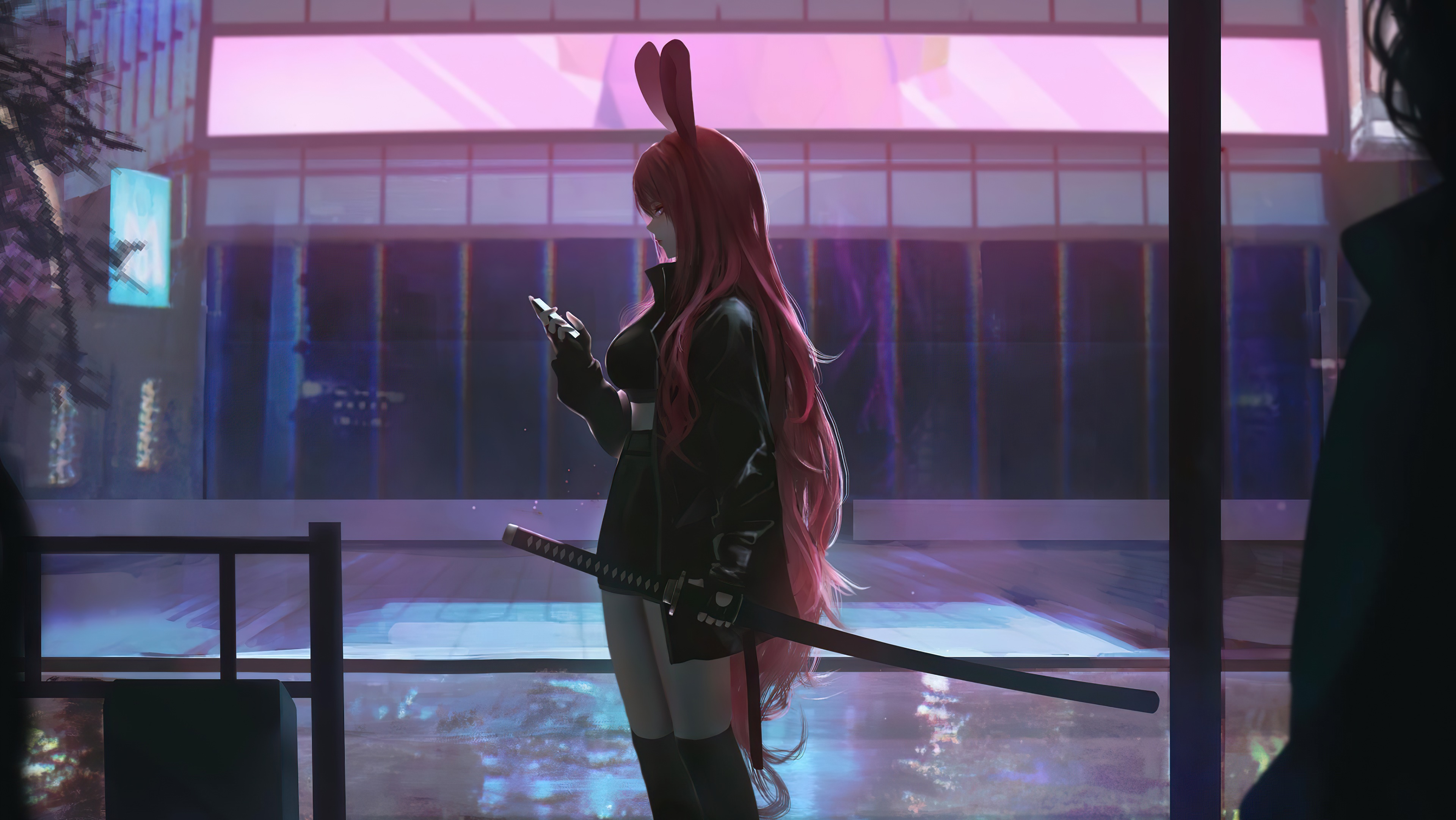 Anime girl with bunny ears and katana holding phone HD Wallpaper