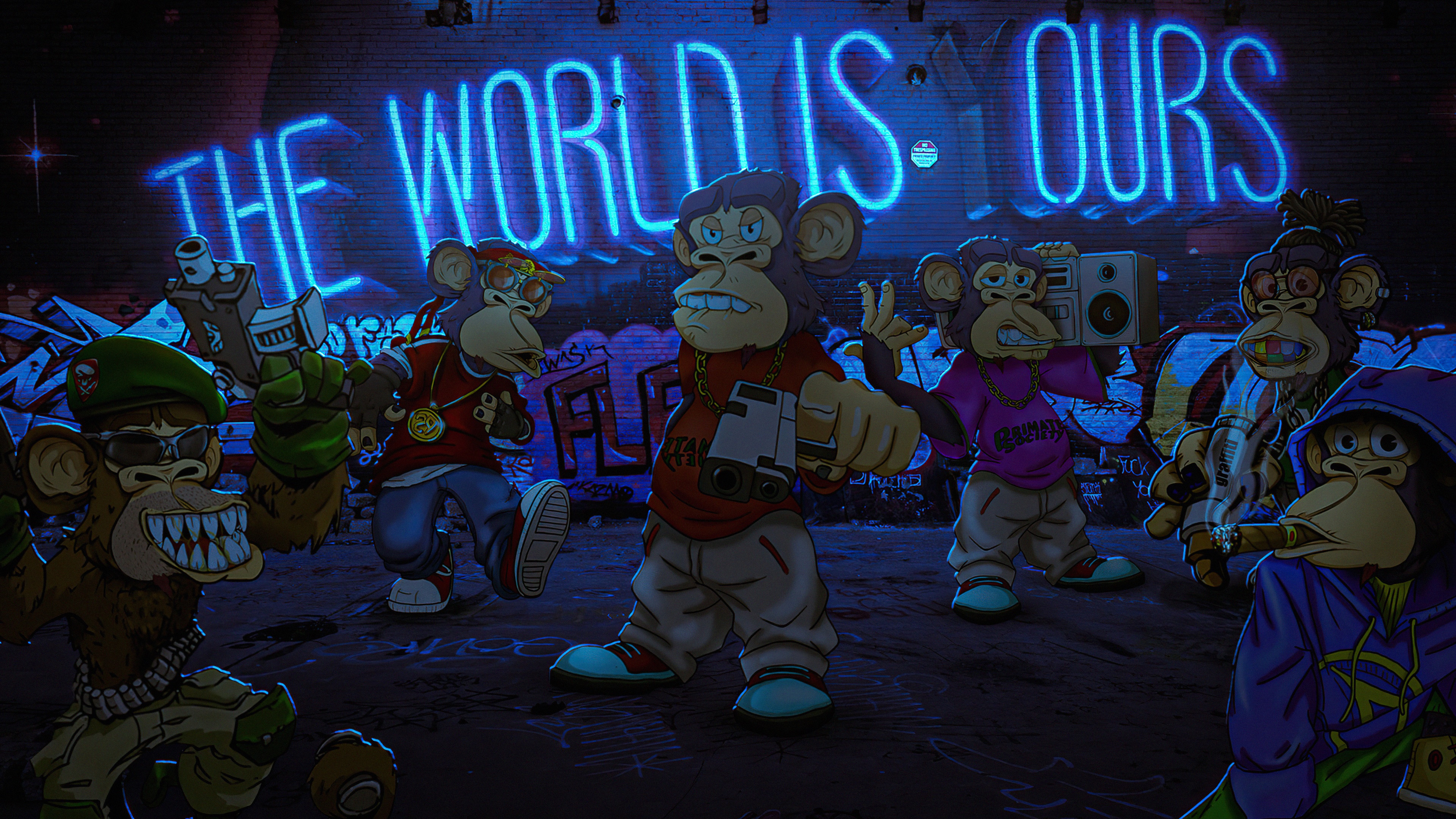 NFT Monkeys with Guns and Boombox HD Wallpaper