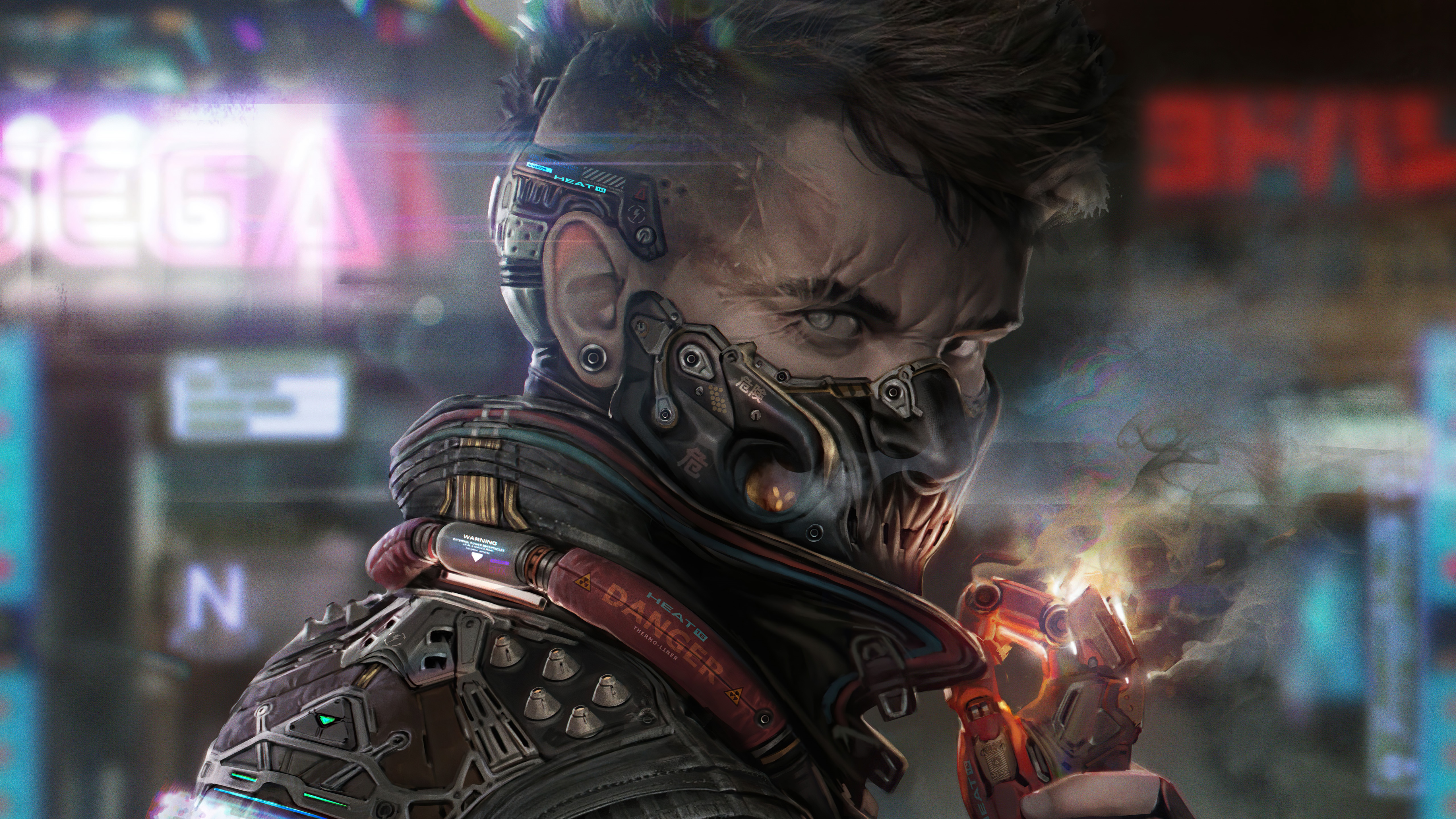 Cyberpunk man with mask and cybernetic implants HD Wallpaper