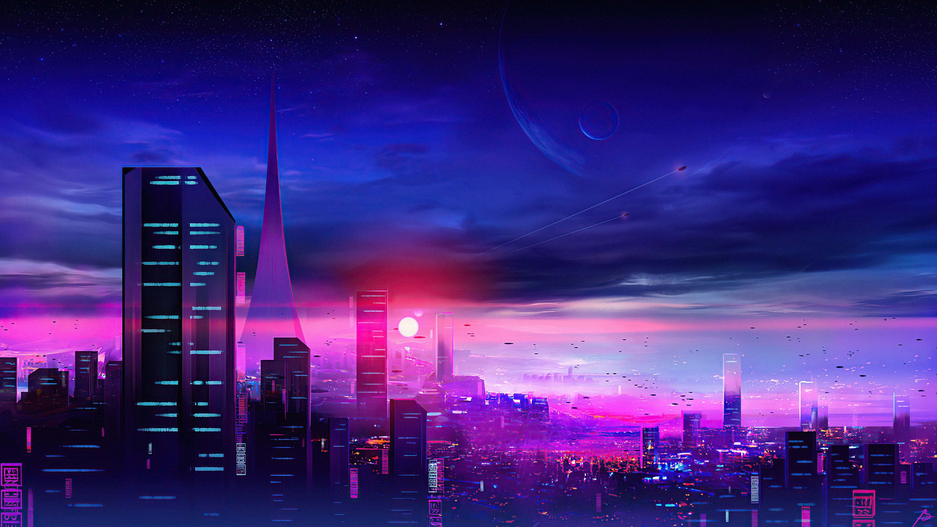 Futuristic Cityscape at Sunset with Planets HD Wallpaper