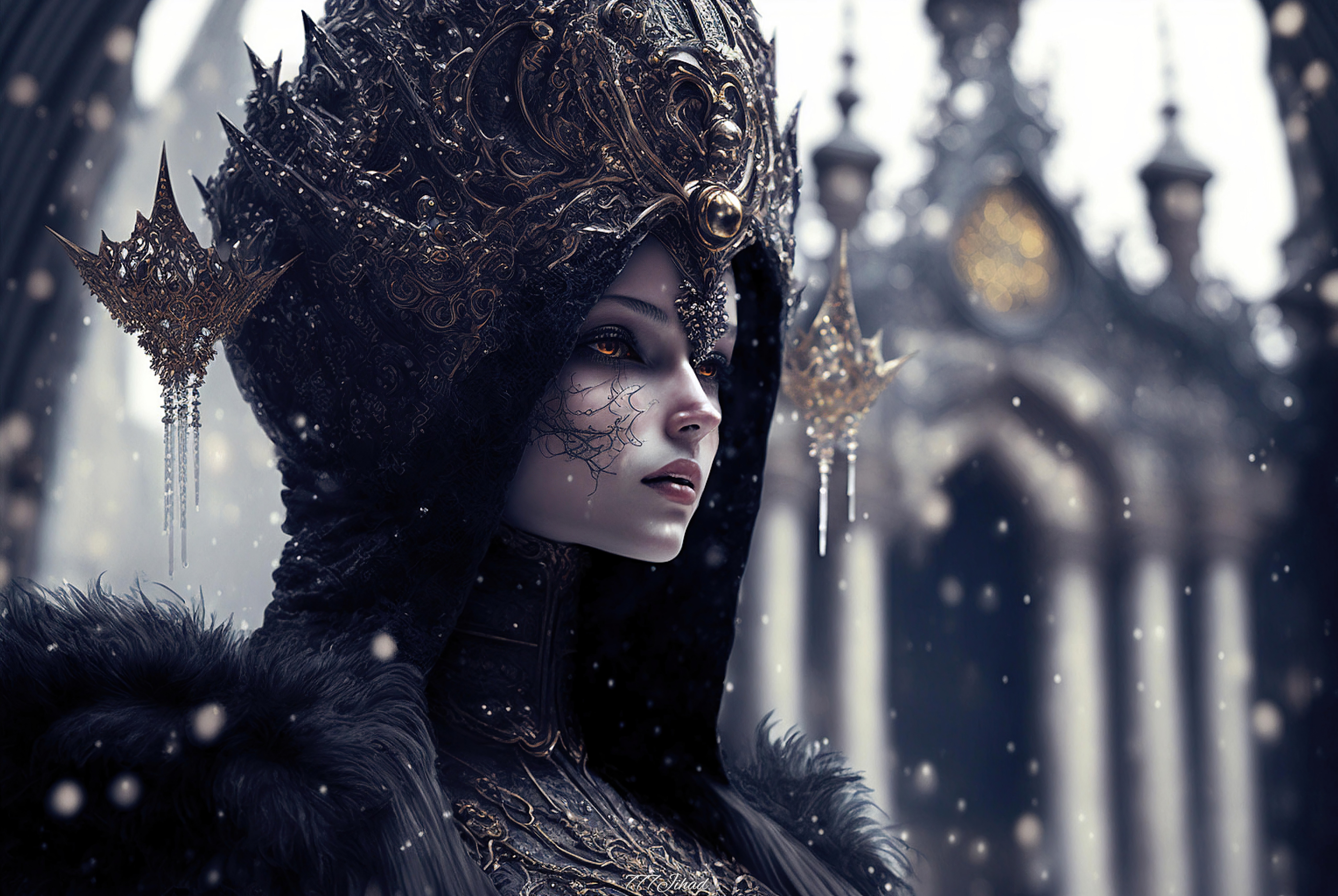Gothic Queen with Ornate Crown in Snowy Landscape HD Wallpaper