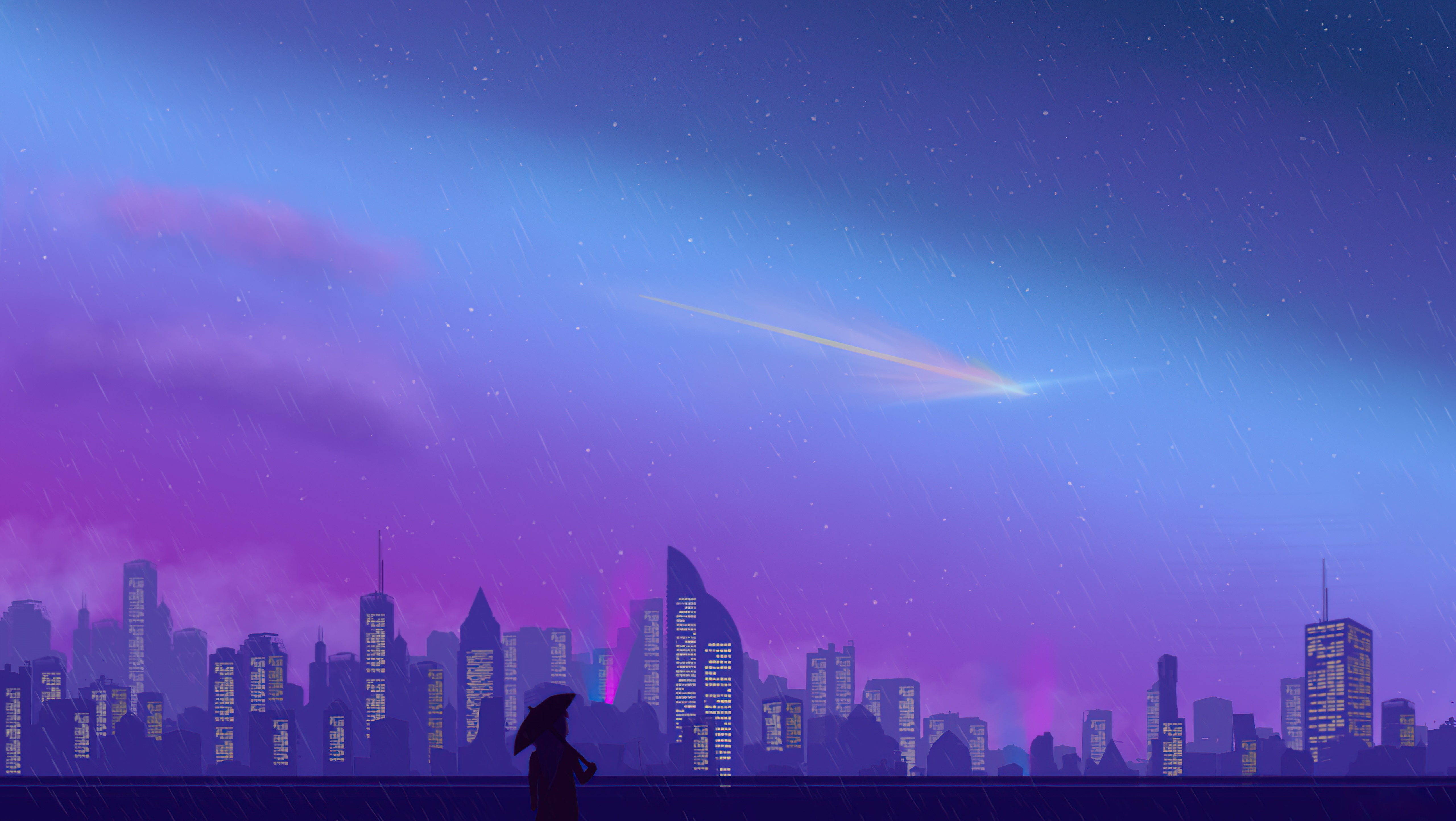 Cityscape with Meteor Shower at Night HD Wallpaper