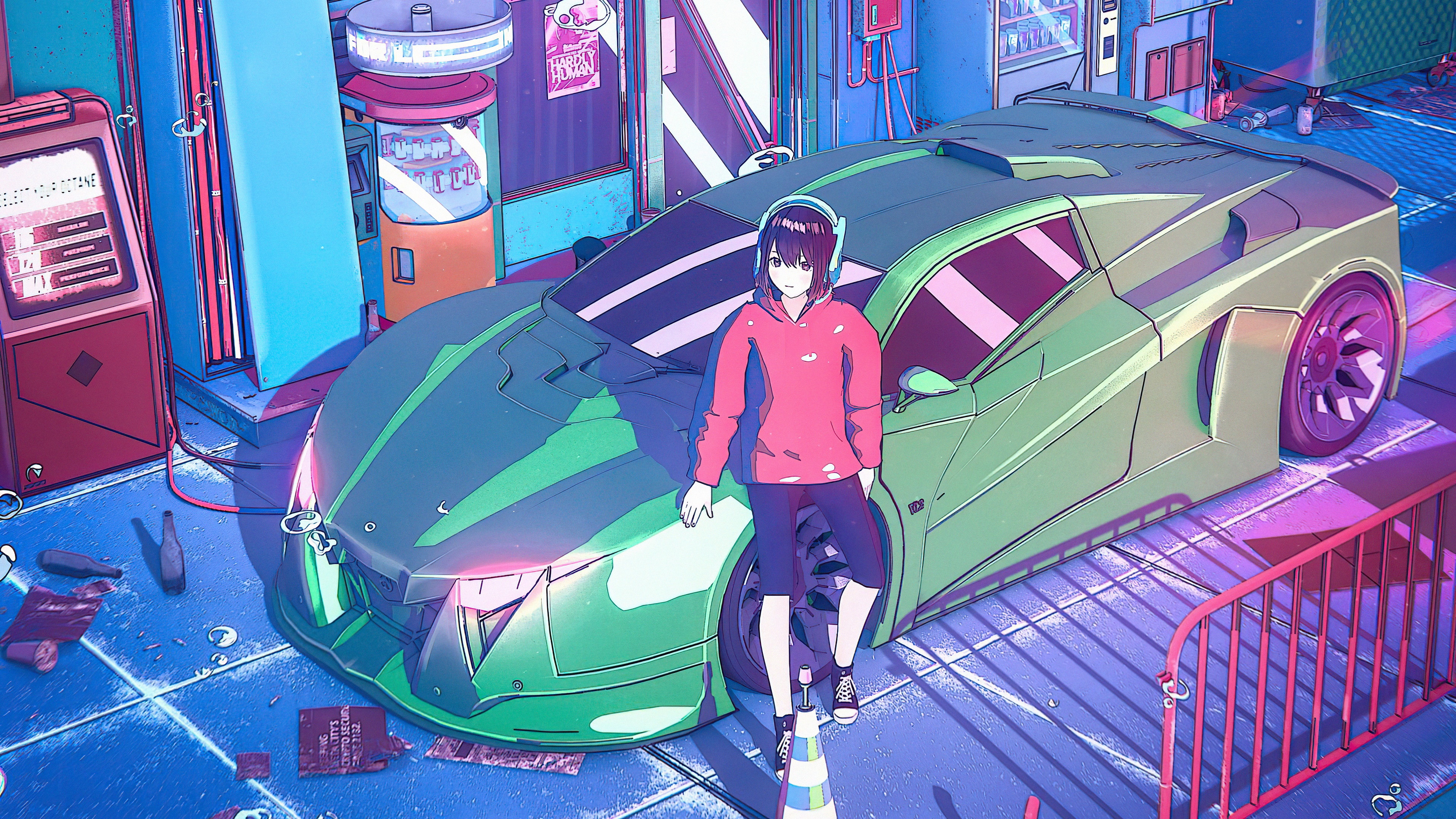 Anime girl with headphones and sports car HD Wallpaper