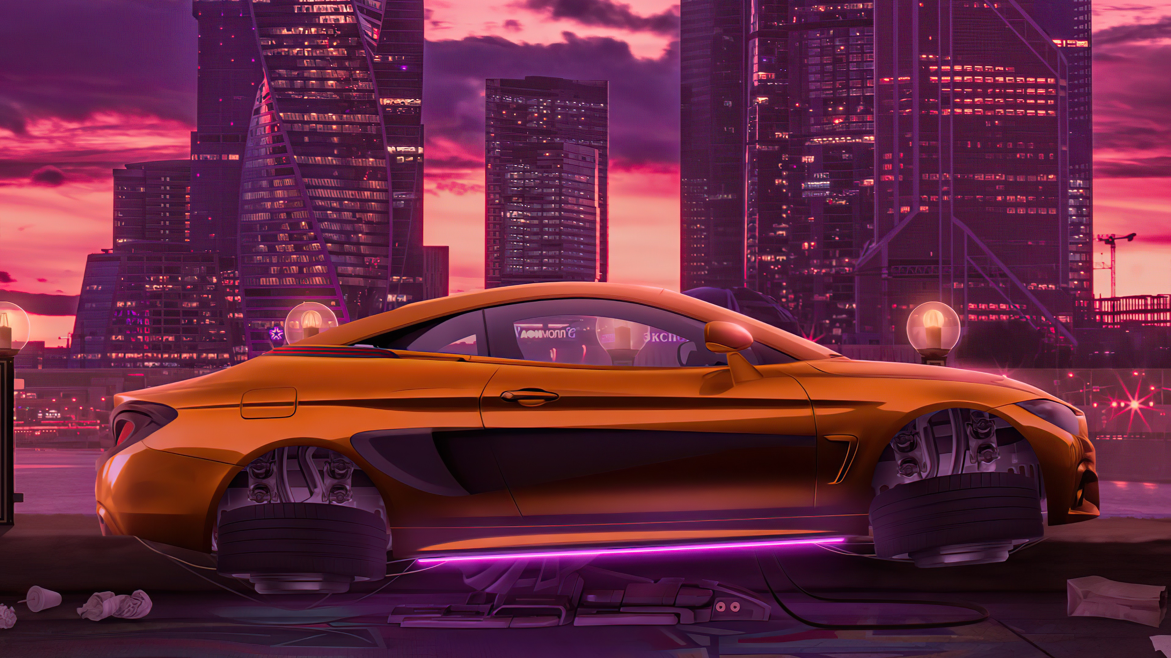 Cyberpunk orange car in a futuristic city at sunset HD Wallpaper