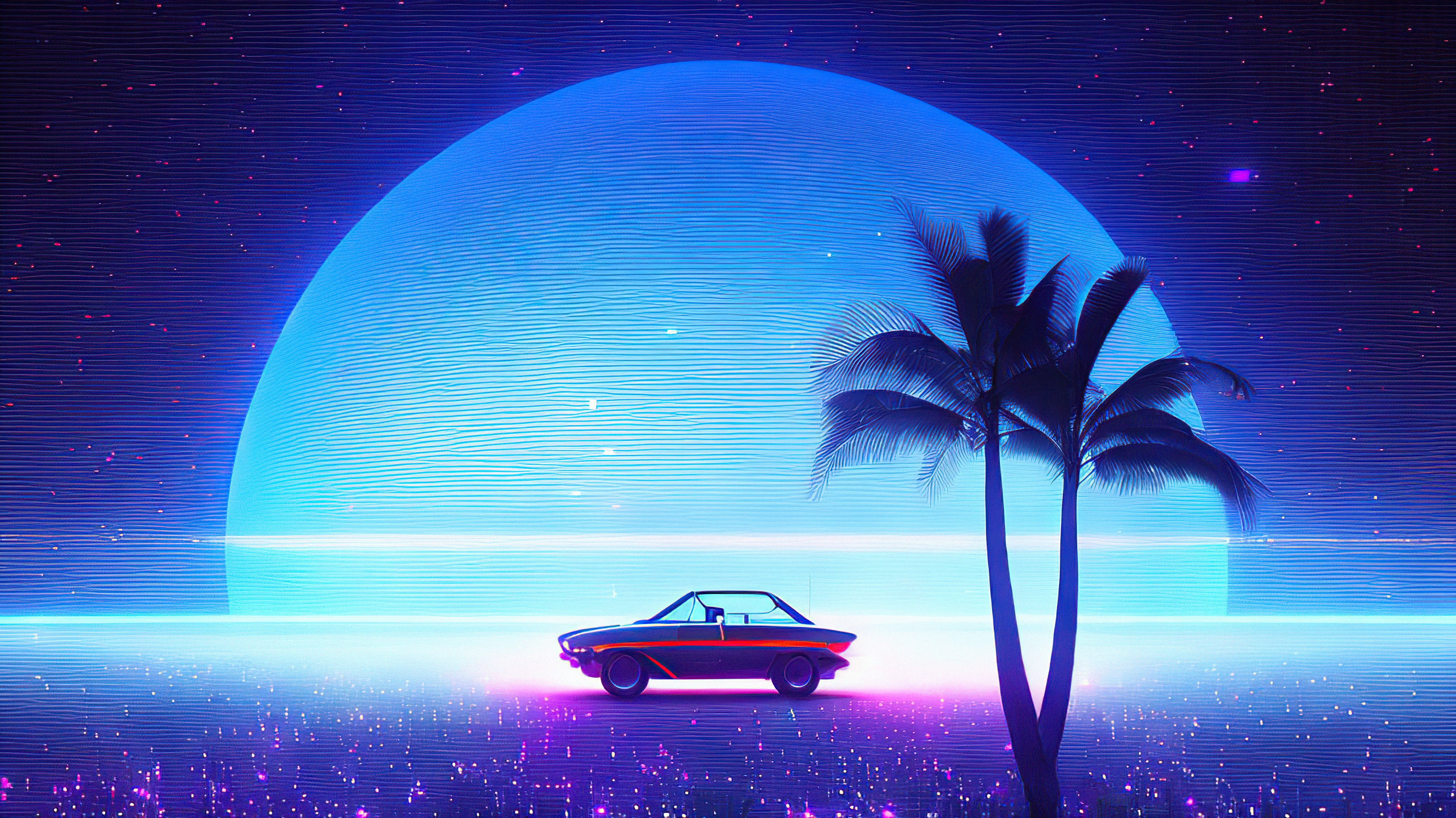 Retrowave car and palm trees under a large moon HD Wallpaper