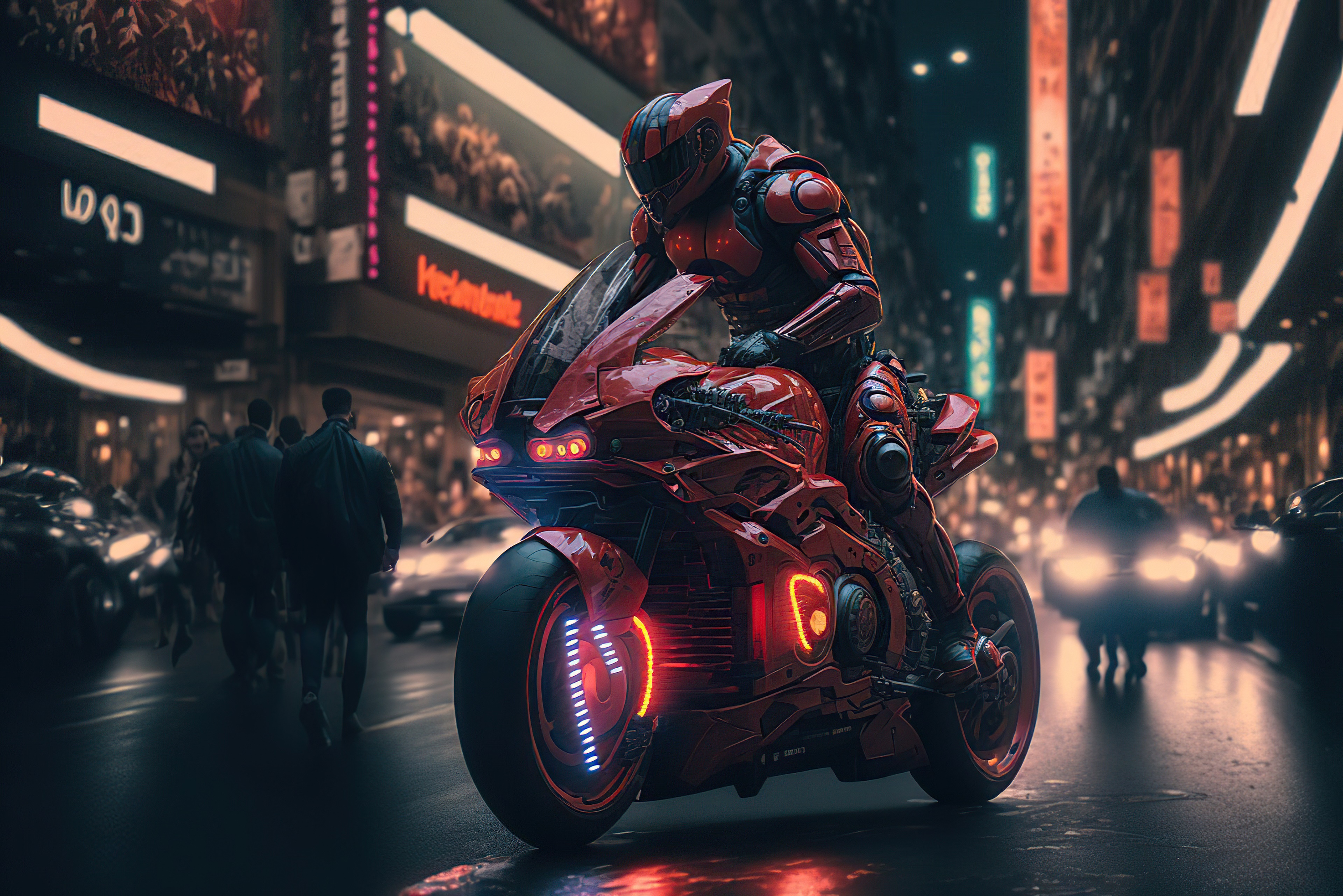 Cyberpunk Biker in Red Armor on Motorcycle HD Wallpaper