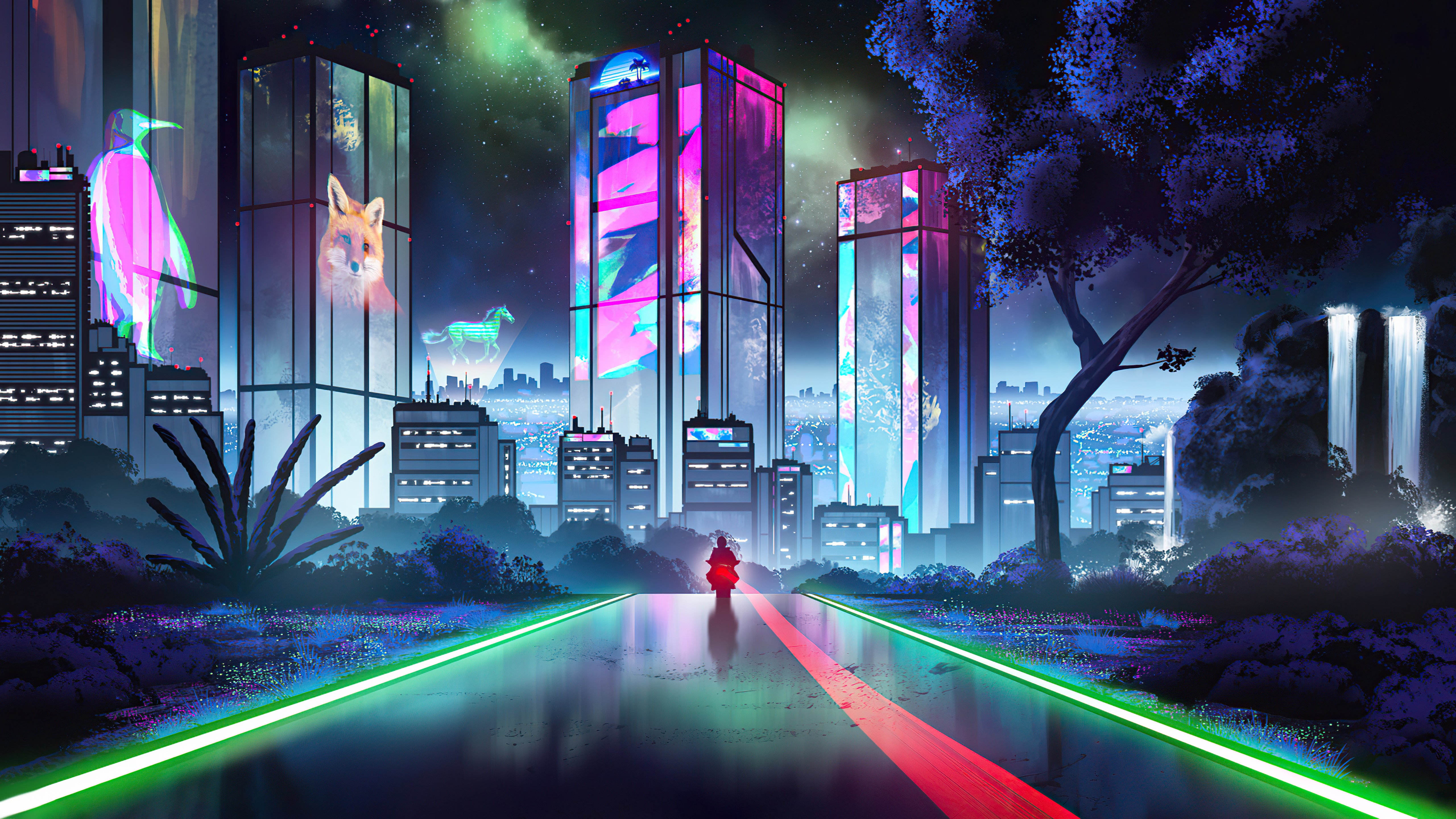 Cyberpunk cityscape with neon animals and waterfalls HD Wallpaper