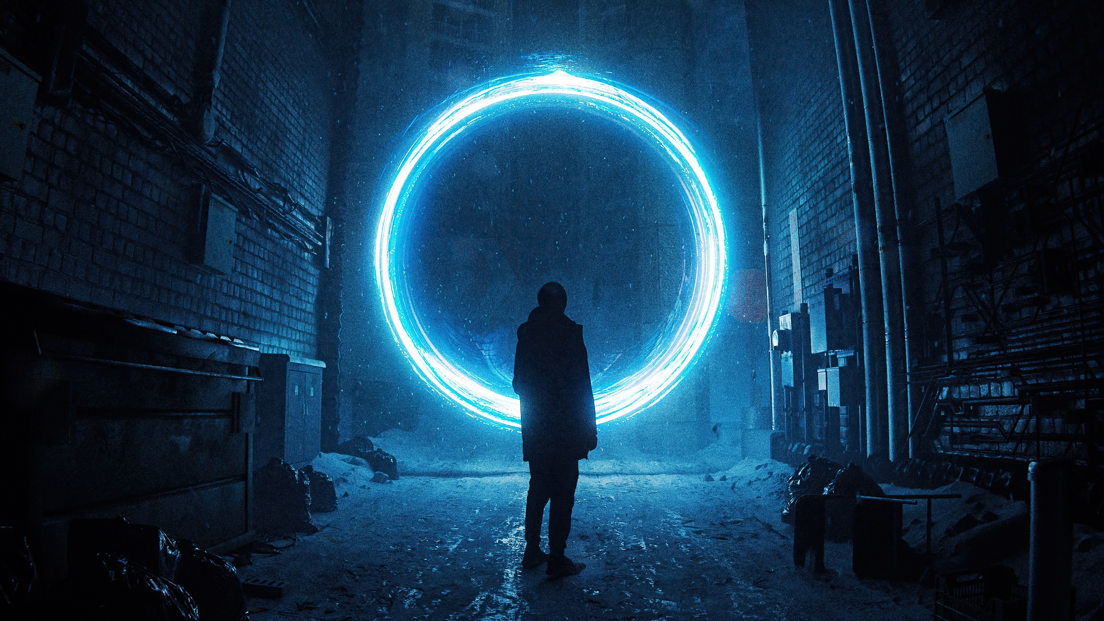Man standing before a glowing blue portal in a dark alley HD Wallpaper
