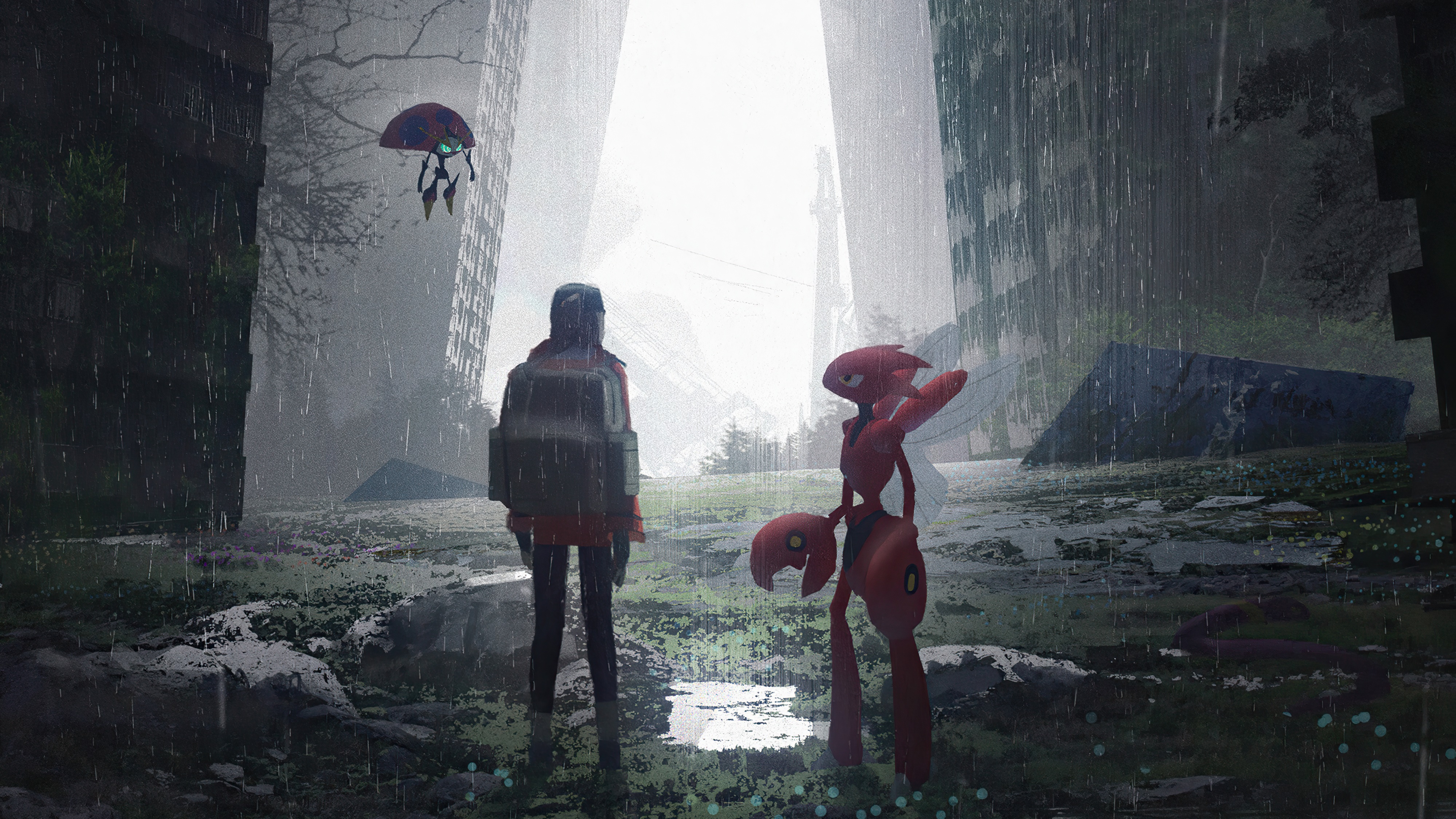 Person and robot in a rainy, ruined city HD Wallpaper
