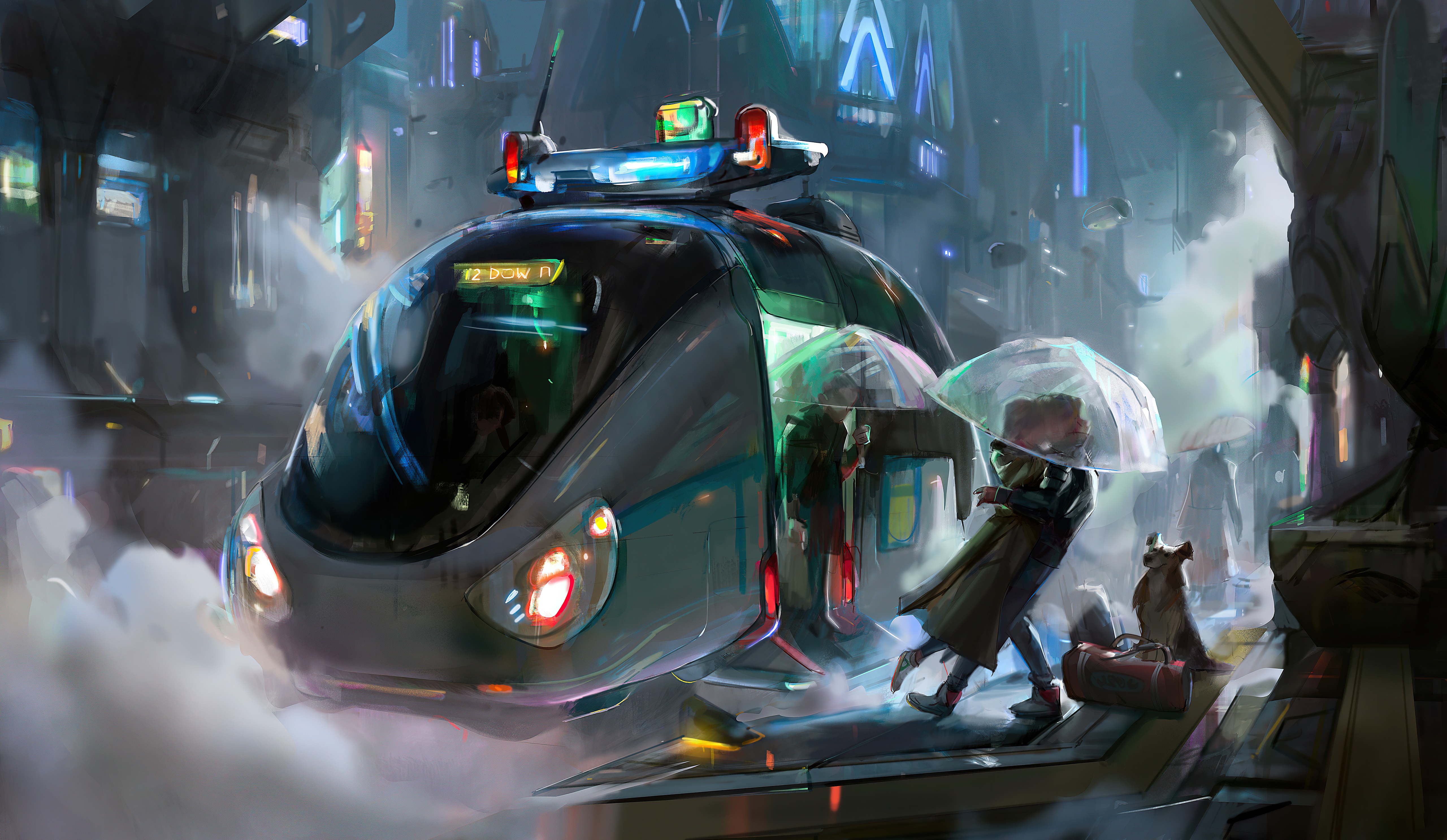 Couple with dog in futuristic city HD Wallpaper