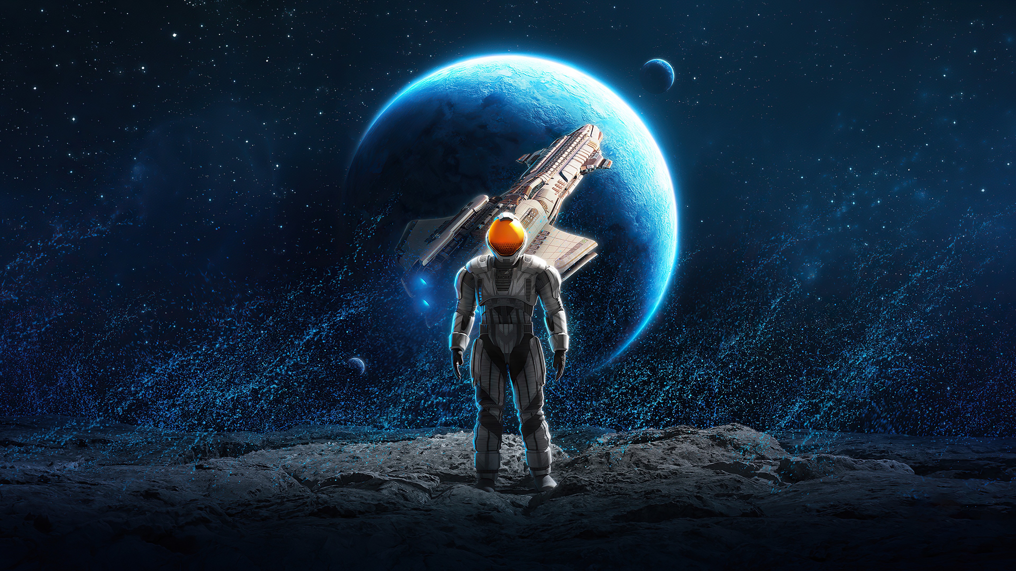 Astronaut and spaceship near a planet HD Wallpaper