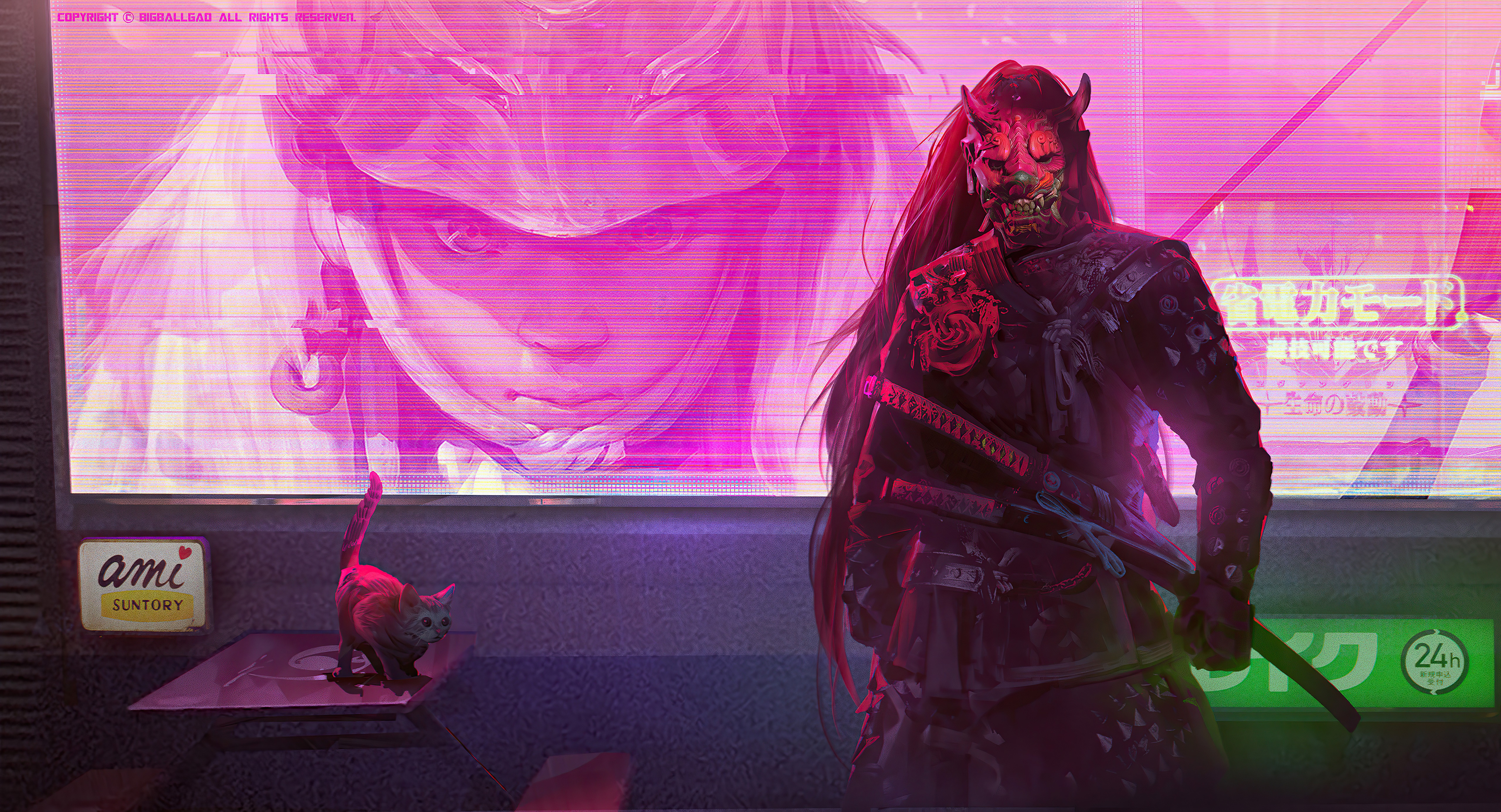 Cyberpunk samurai with oni mask and cat HD Wallpaper