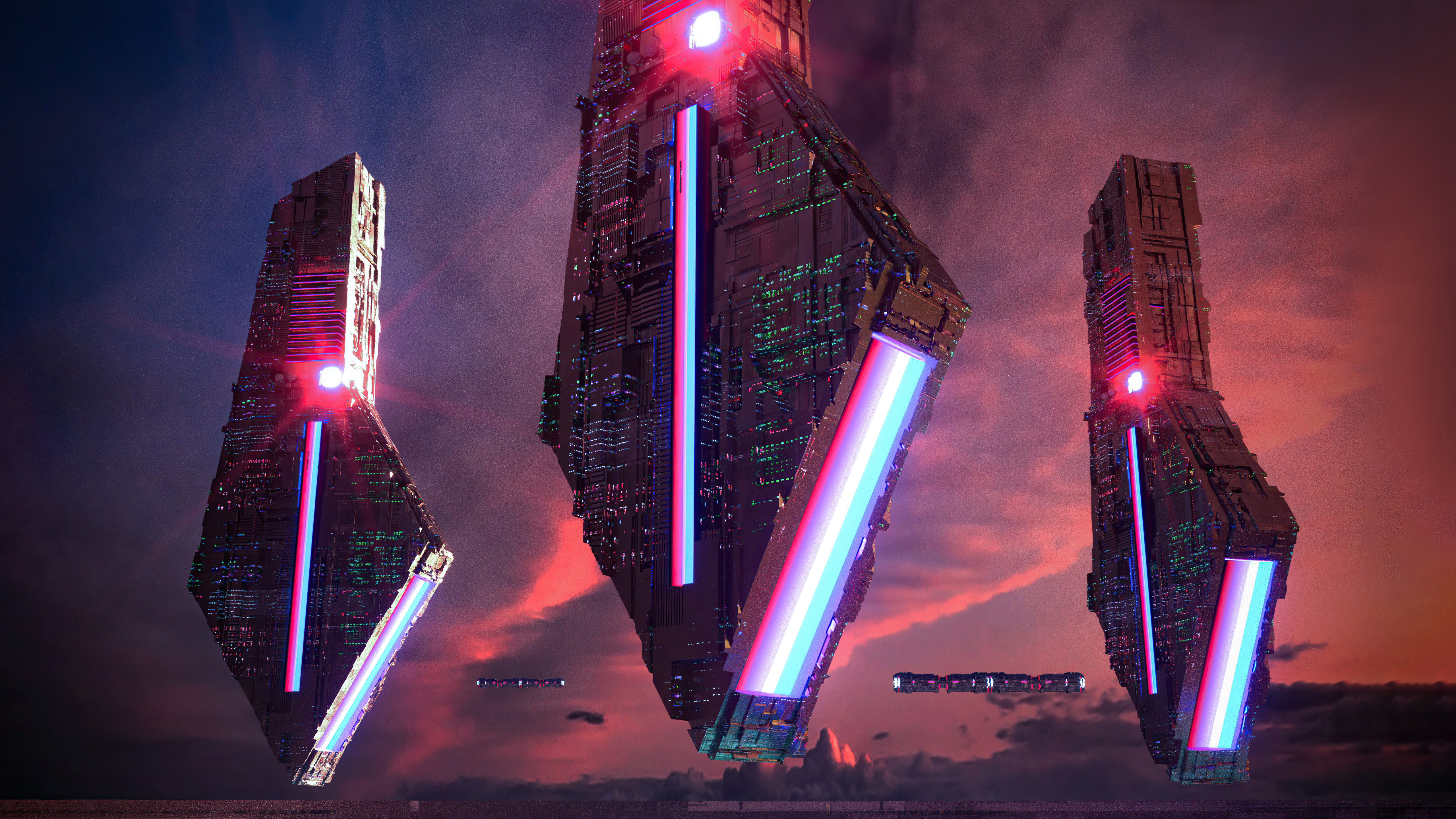 Alien structures with neon lights at sunset HD Wallpaper