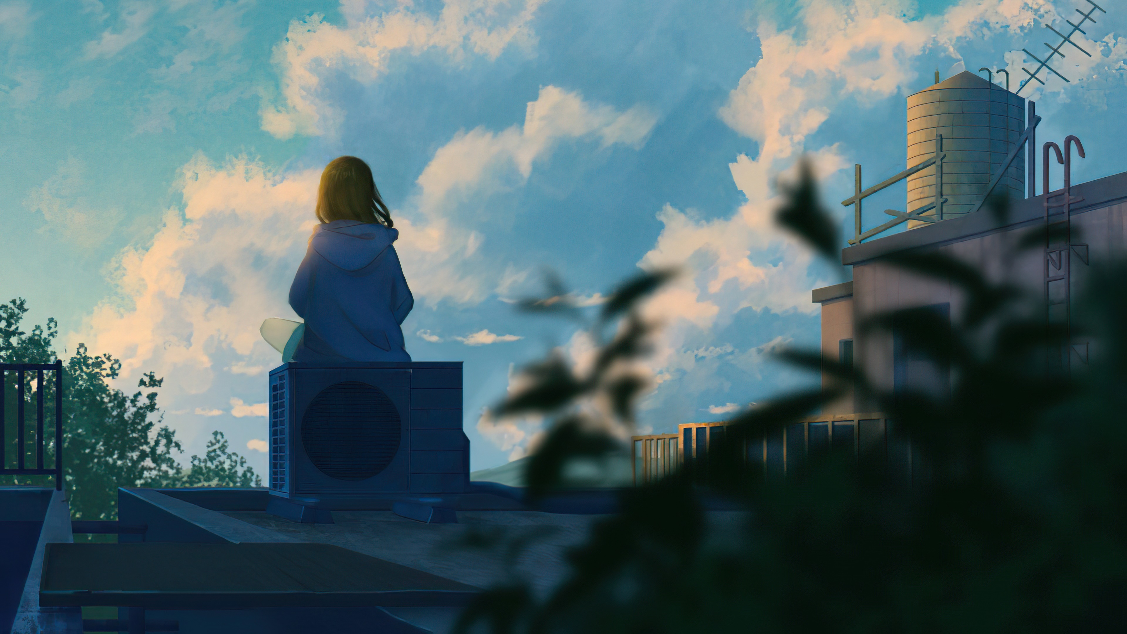Anime girl sitting on air conditioner on rooftop HD Wallpaper
