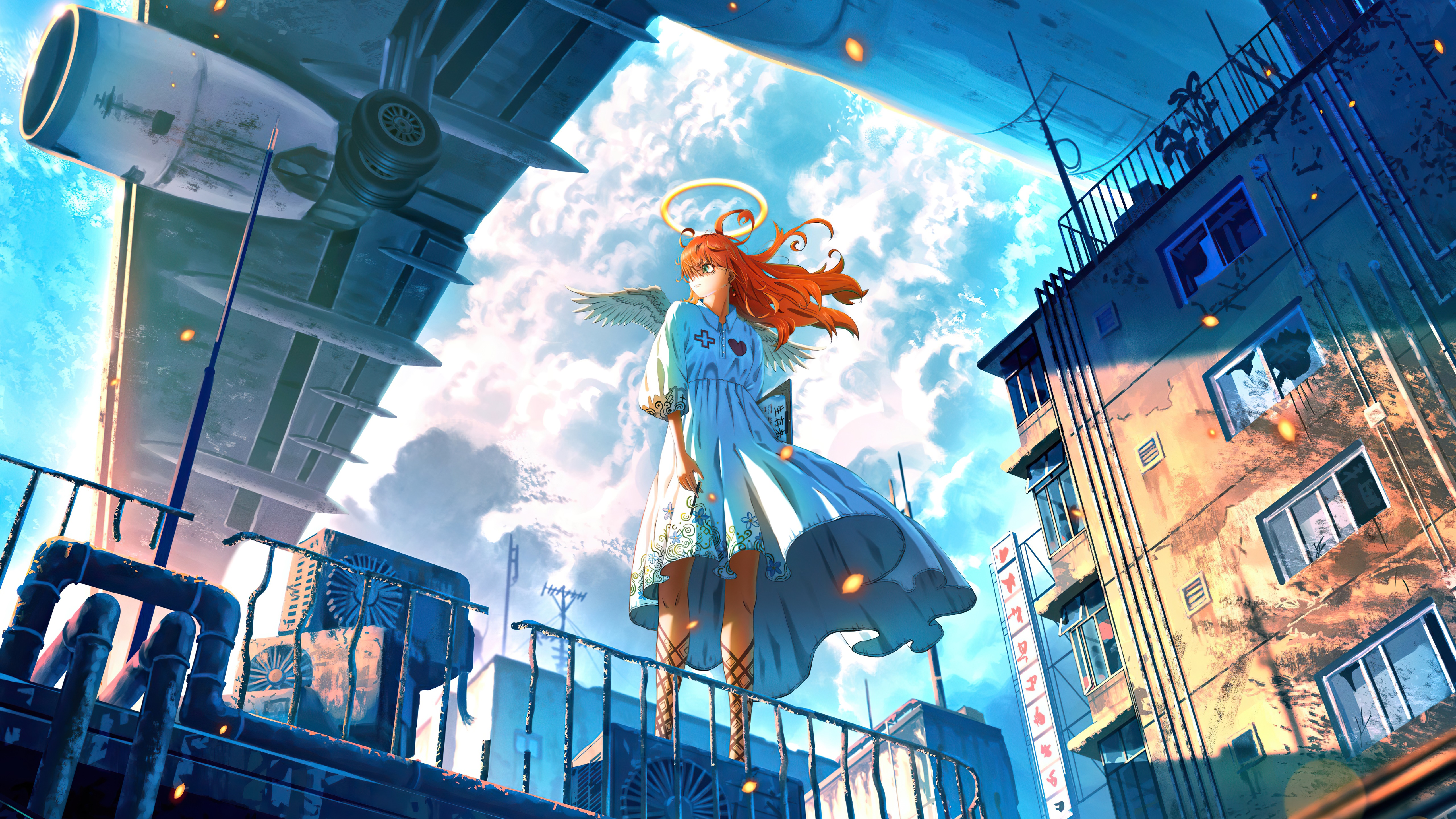 Anime girl with wings and halo on rooftop HD Wallpaper