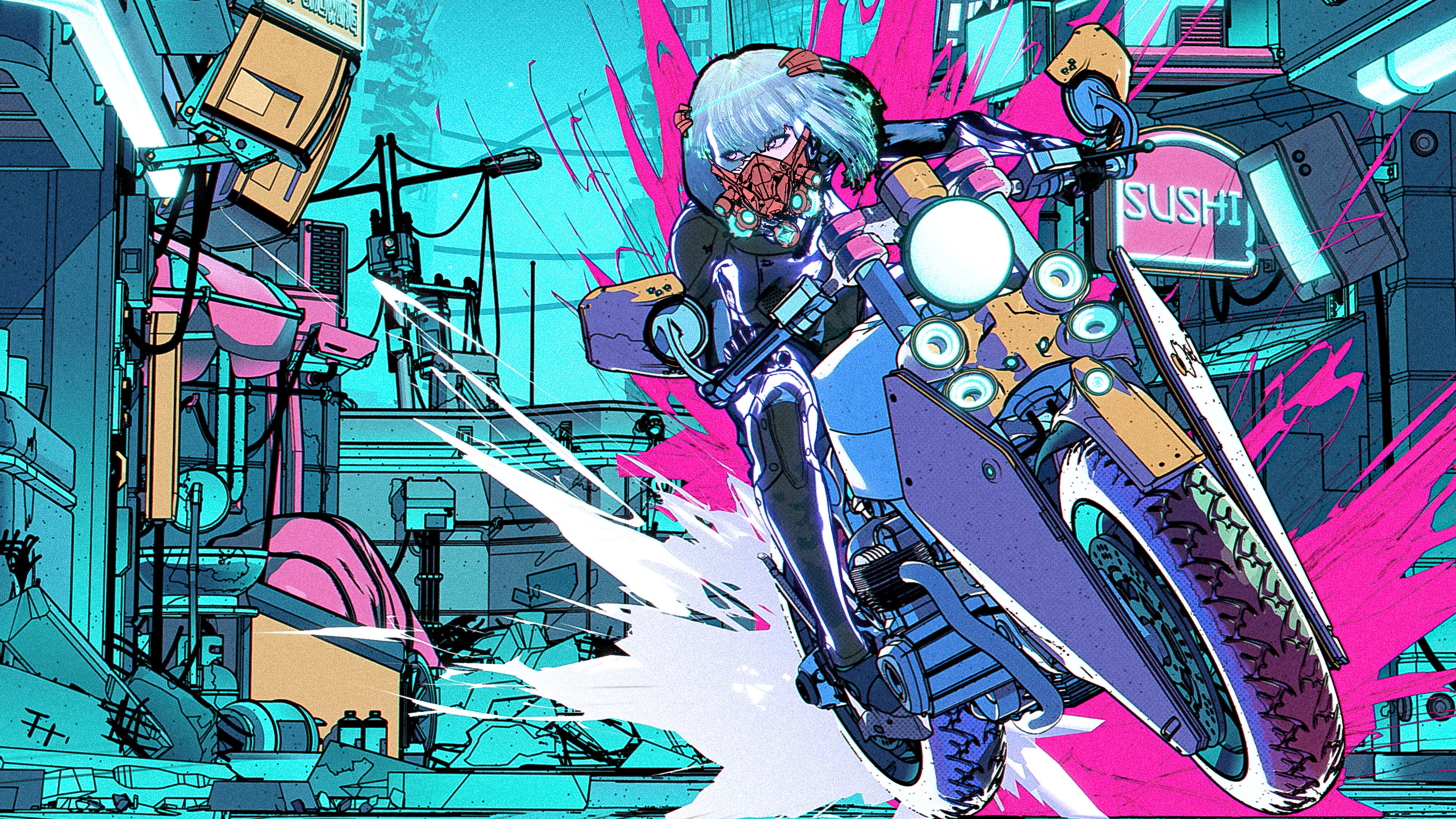 Cyberpunk girl on a motorcycle in a neon city HD Wallpaper