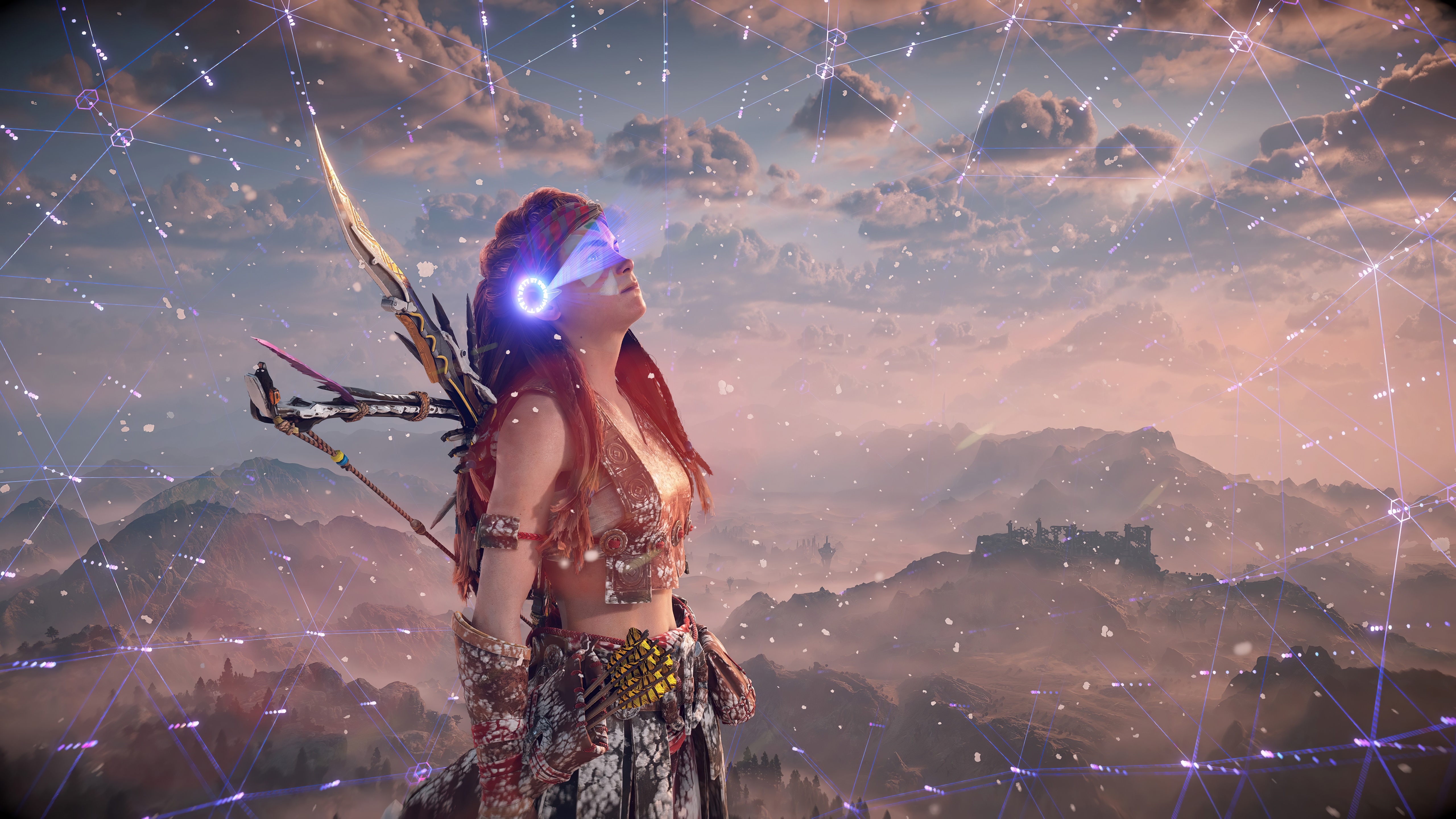 Aloy from Horizon Forbidden West with a digital overlay HD Wallpaper