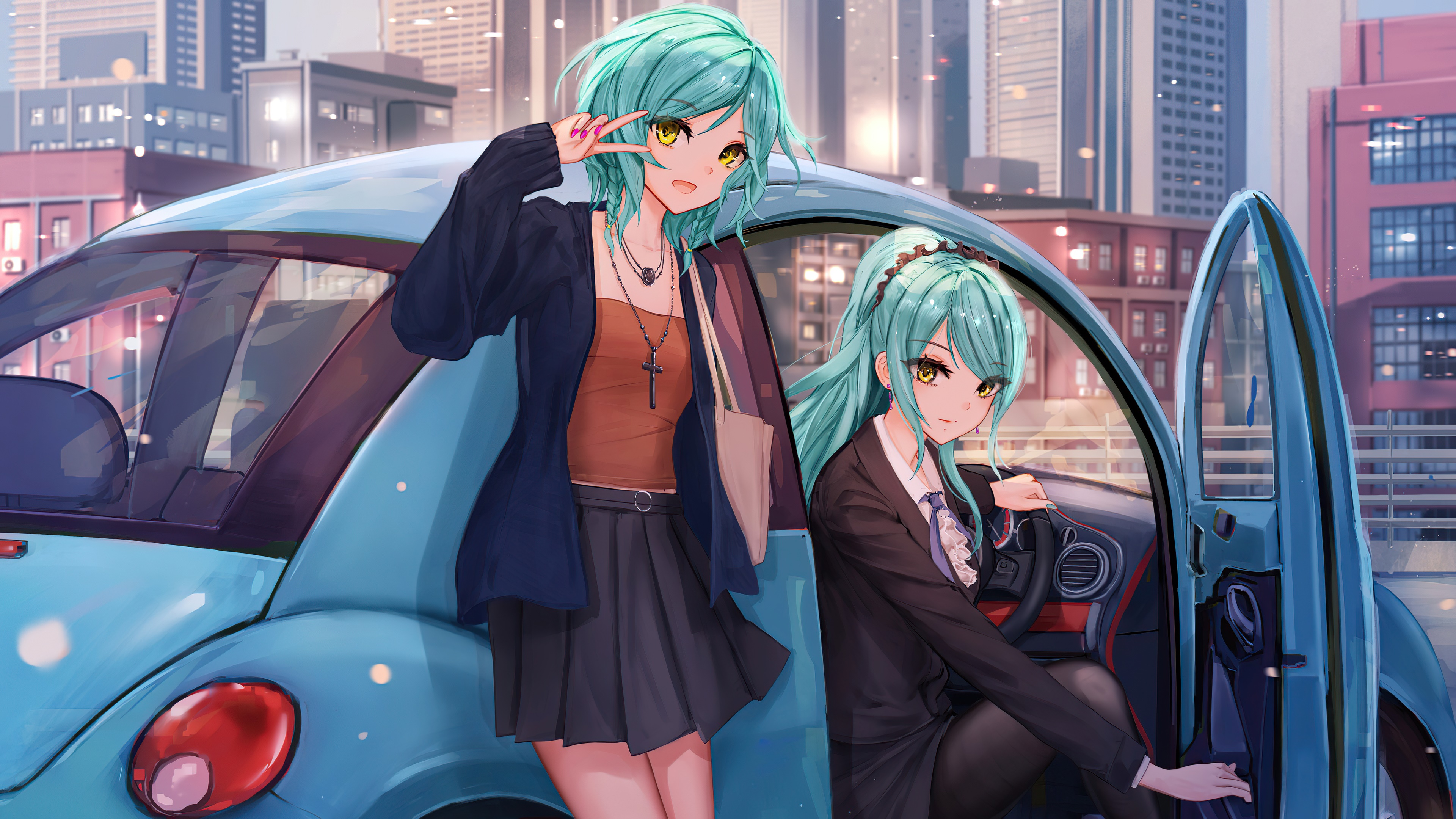 Two anime girls with teal hair by a blue car HD Wallpaper