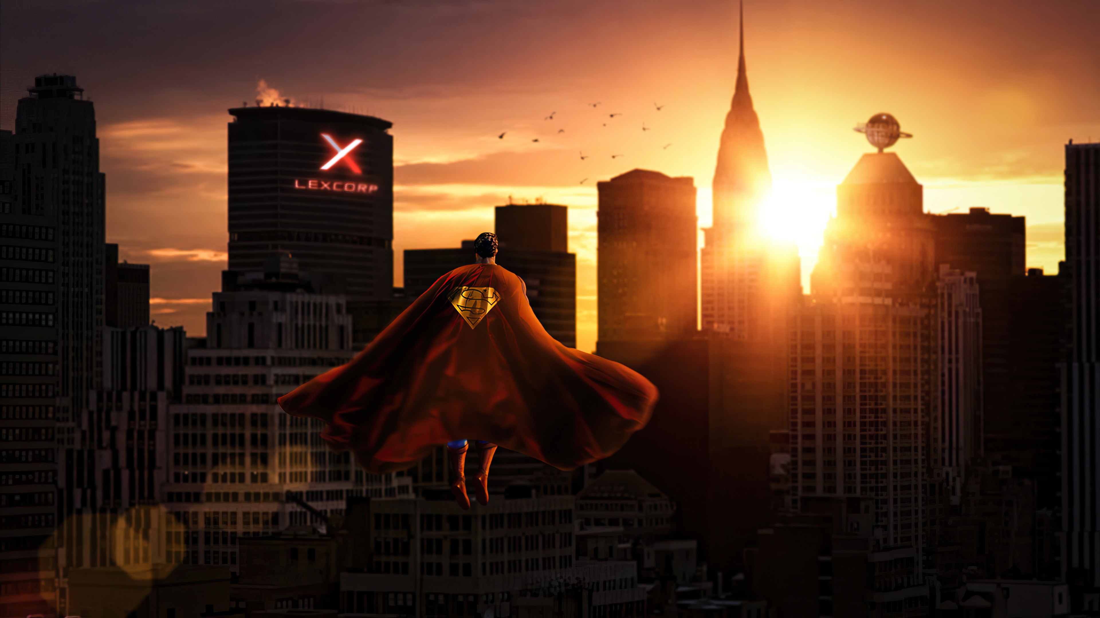 Superman flying over LexCorp building at sunset HD Wallpaper