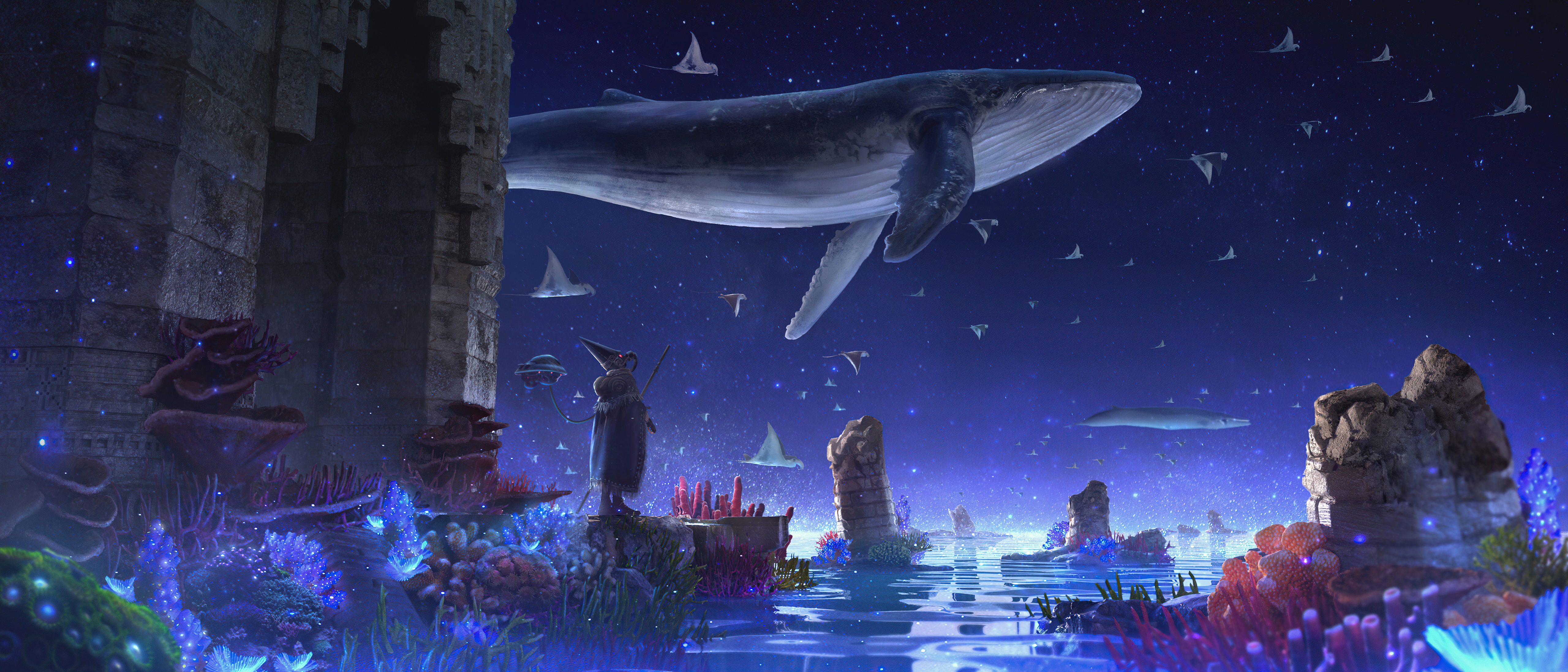 Whale and manta rays in a surreal underwater landscape HD Wallpaper