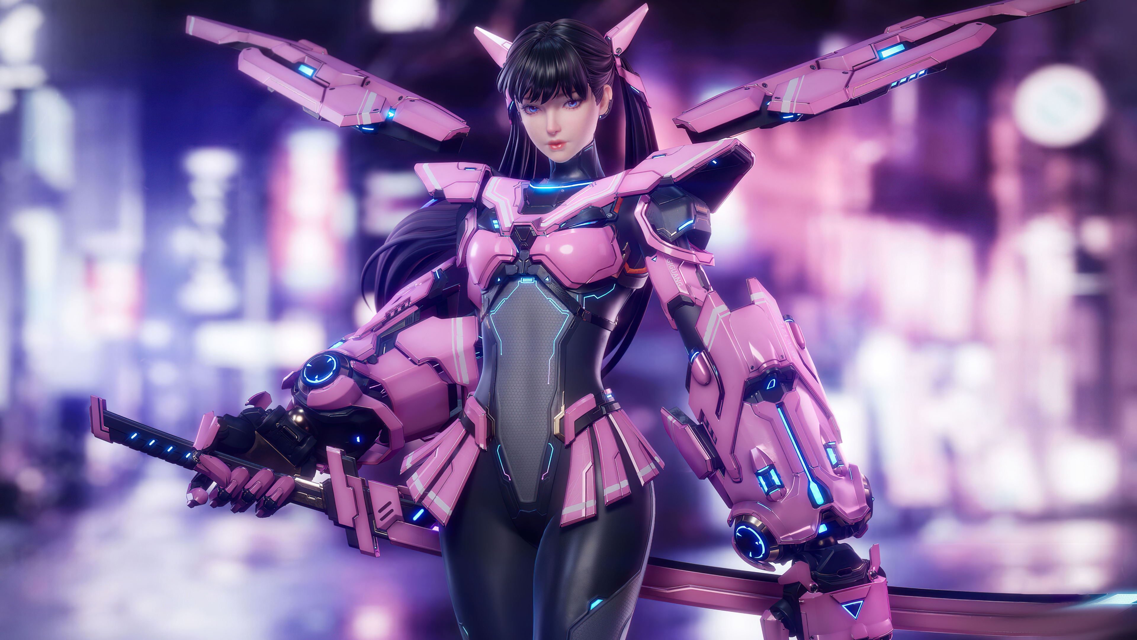 Cyberpunk girl in pink mech suit with sword HD Wallpaper