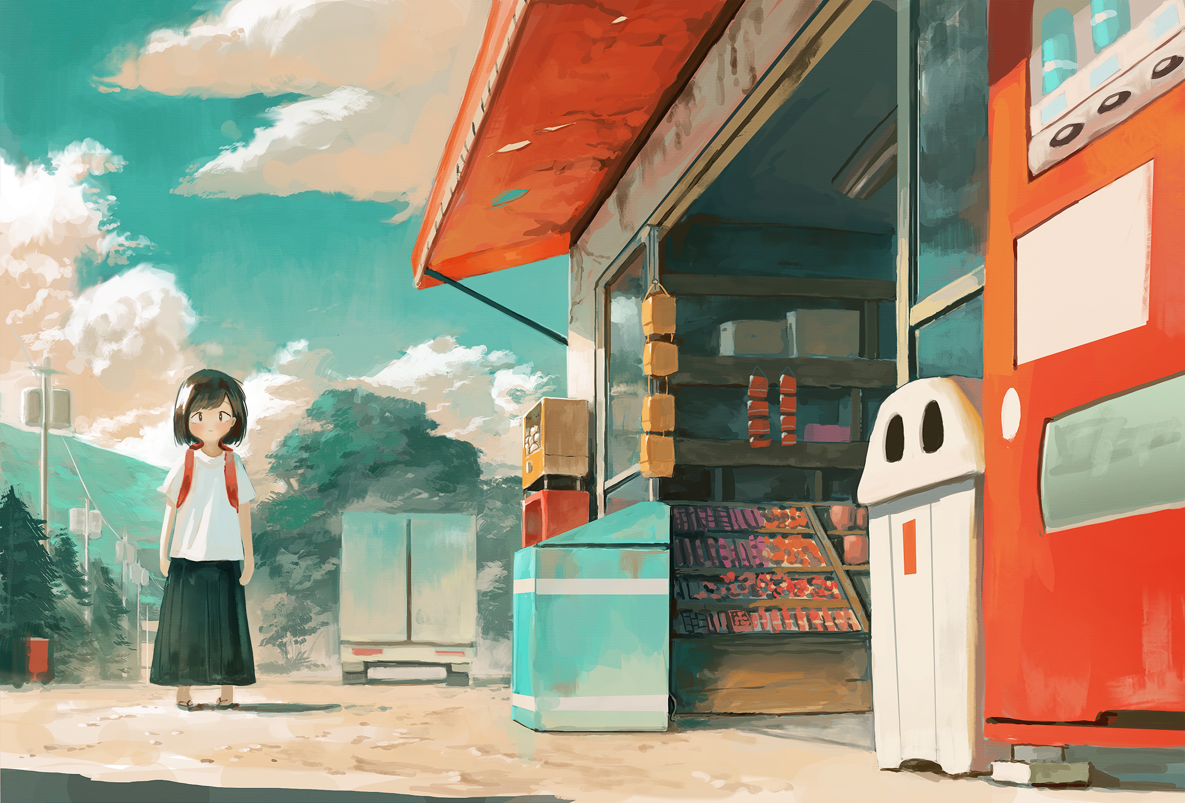 Anime girl with backpack at a store HD Wallpaper