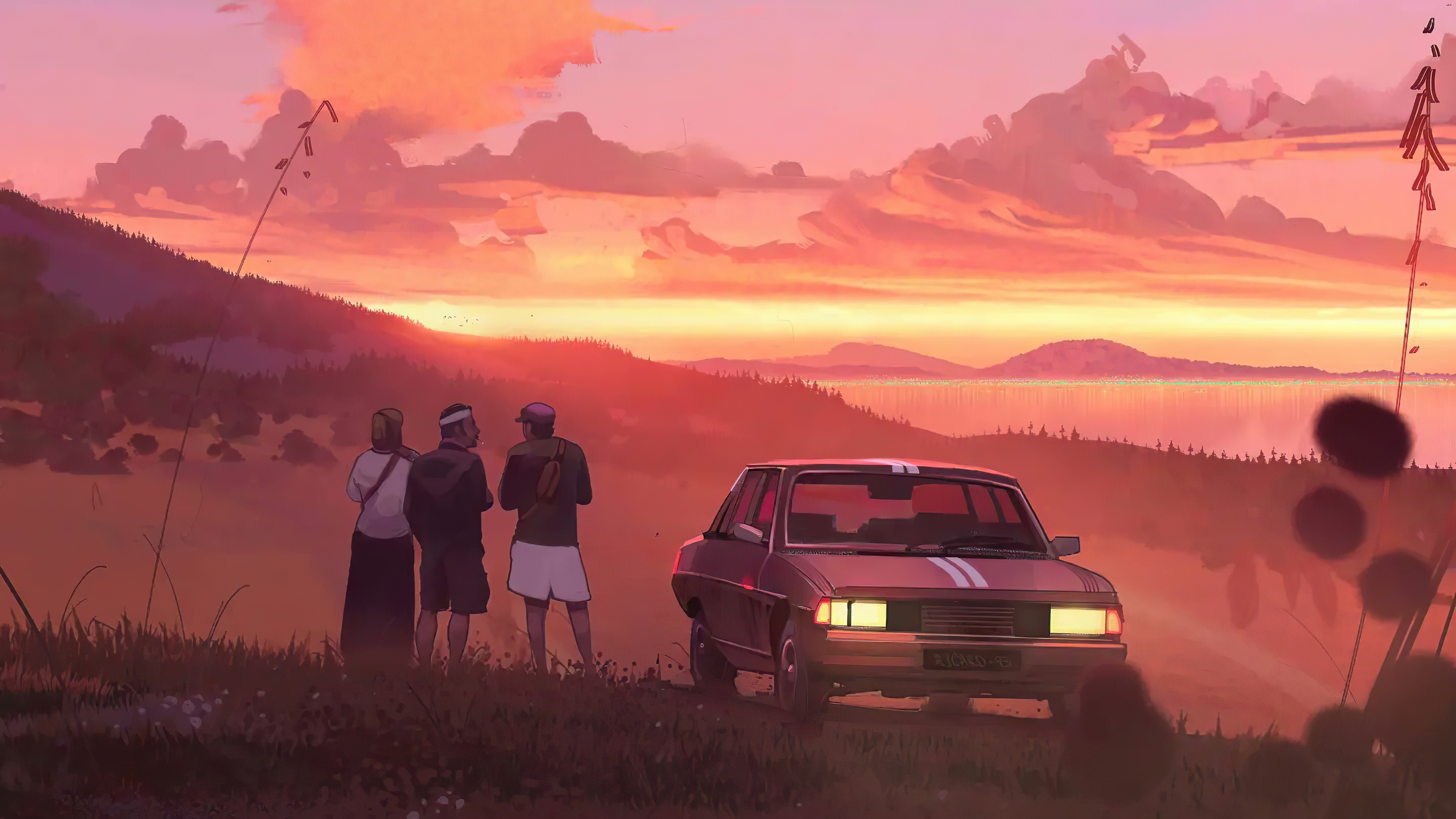 People and car at sunset HD Wallpaper