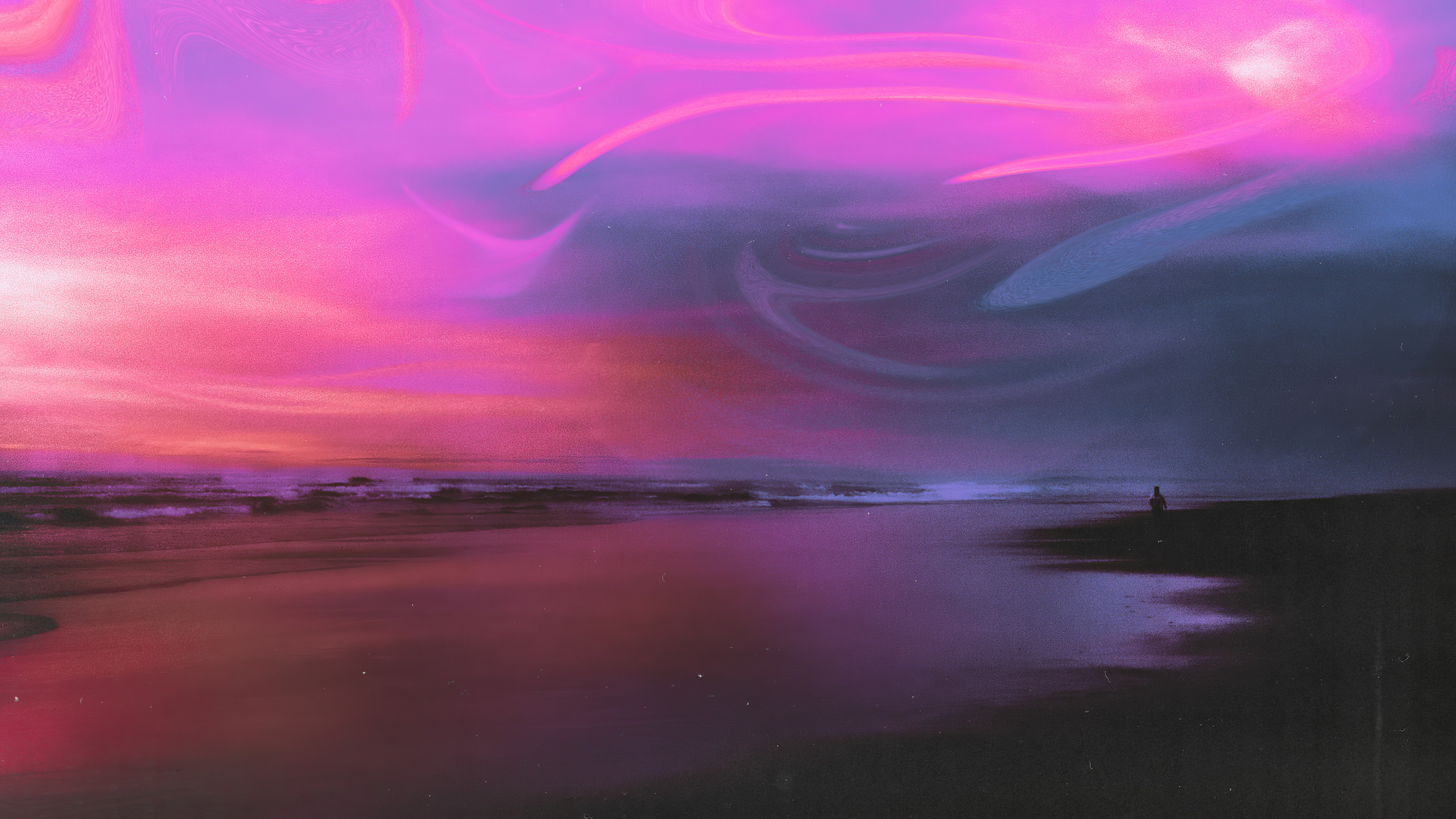Outrun digital art with a lone figure on a beach HD Wallpaper