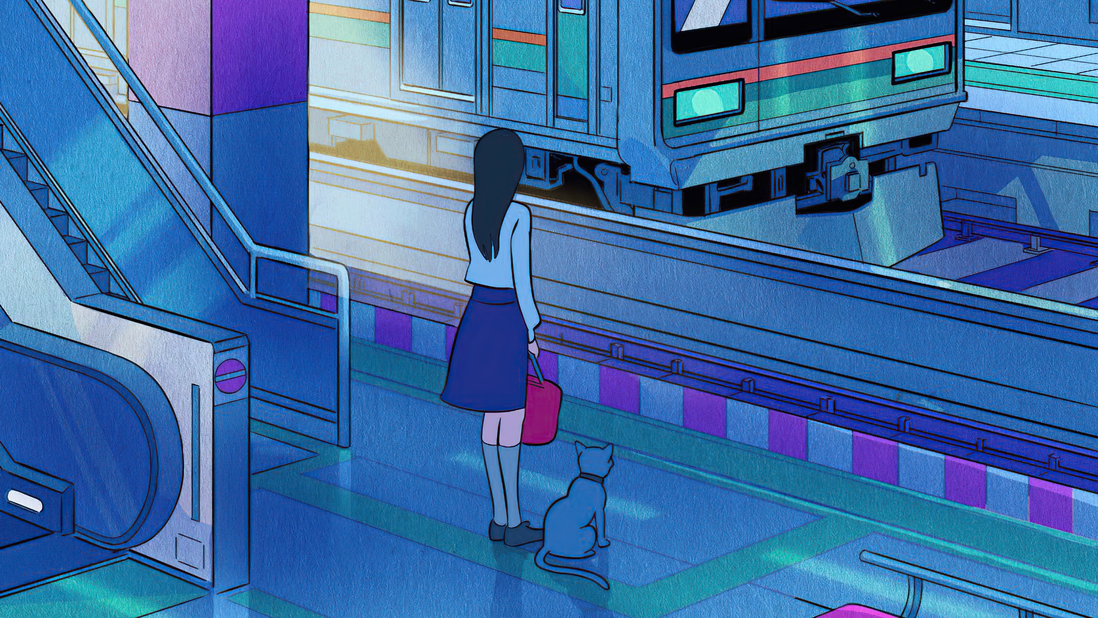 Anime girl and cat at train station HD Wallpaper