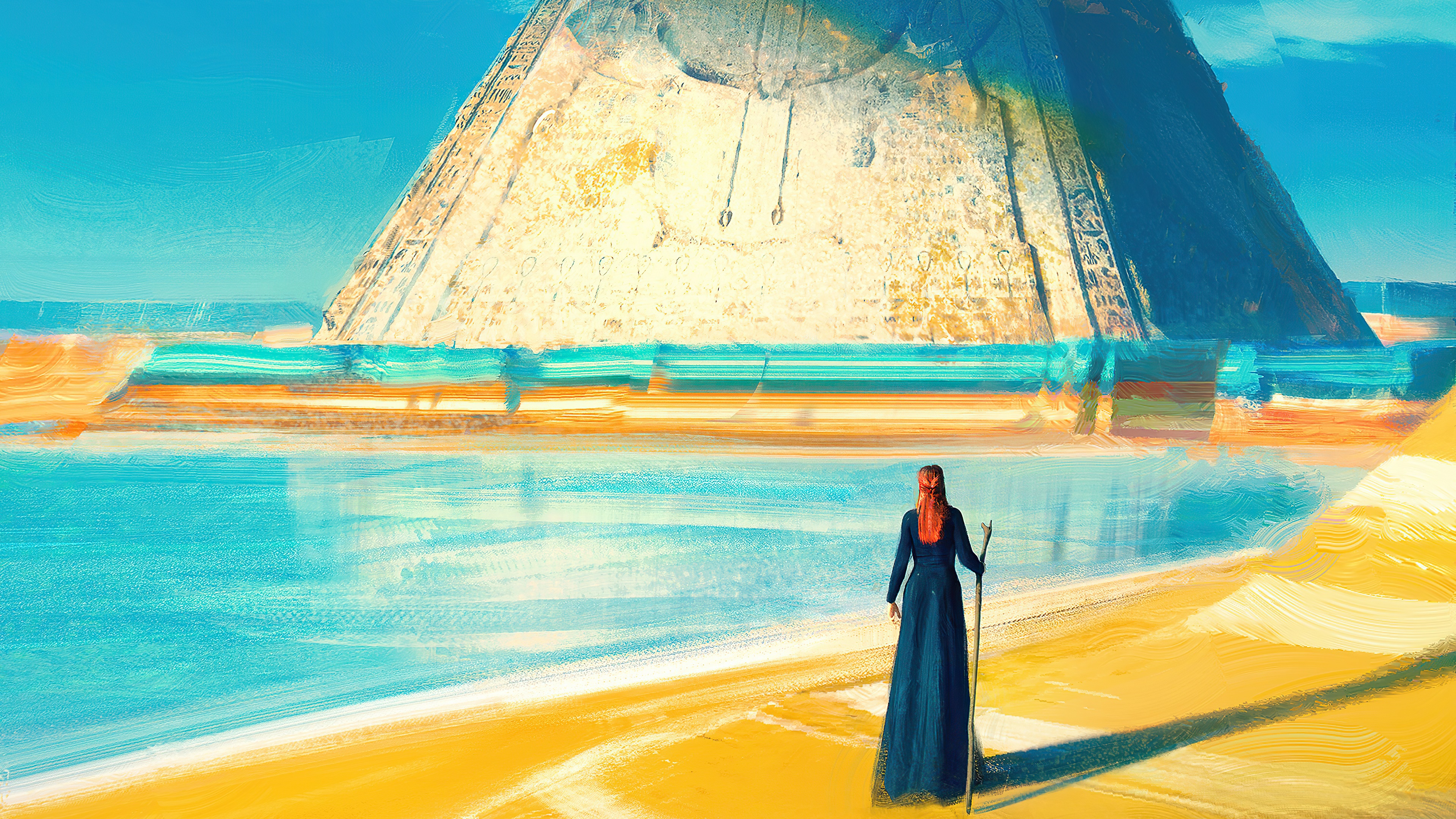 Digital art of a woman near a pyramid HD Wallpaper