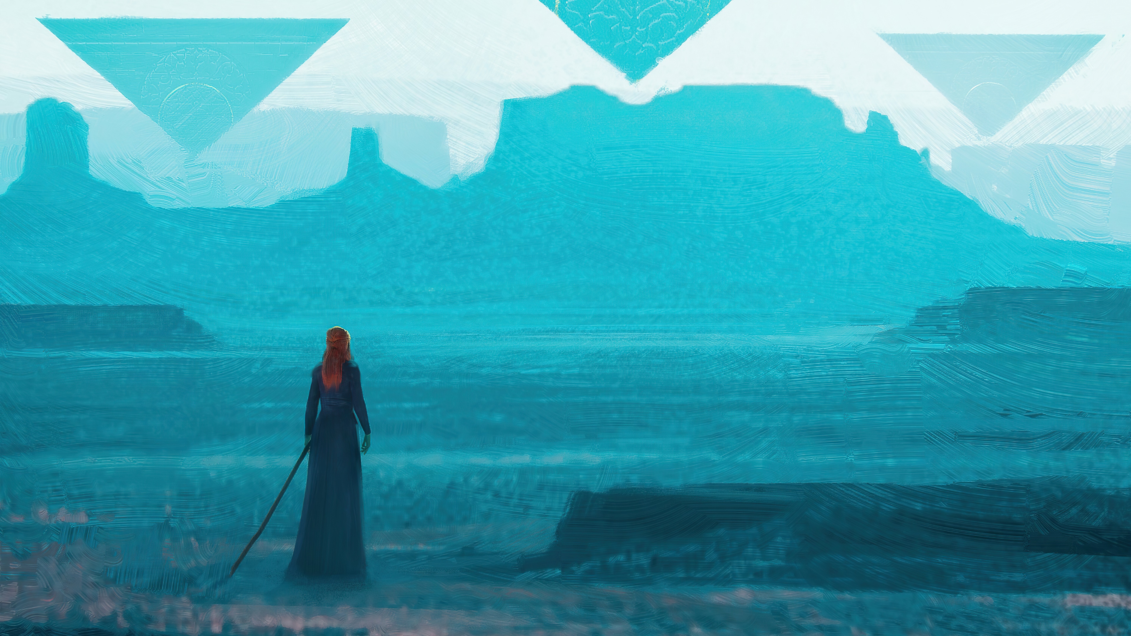 Artwork of a woman with a staff in a surreal landscape HD Wallpaper