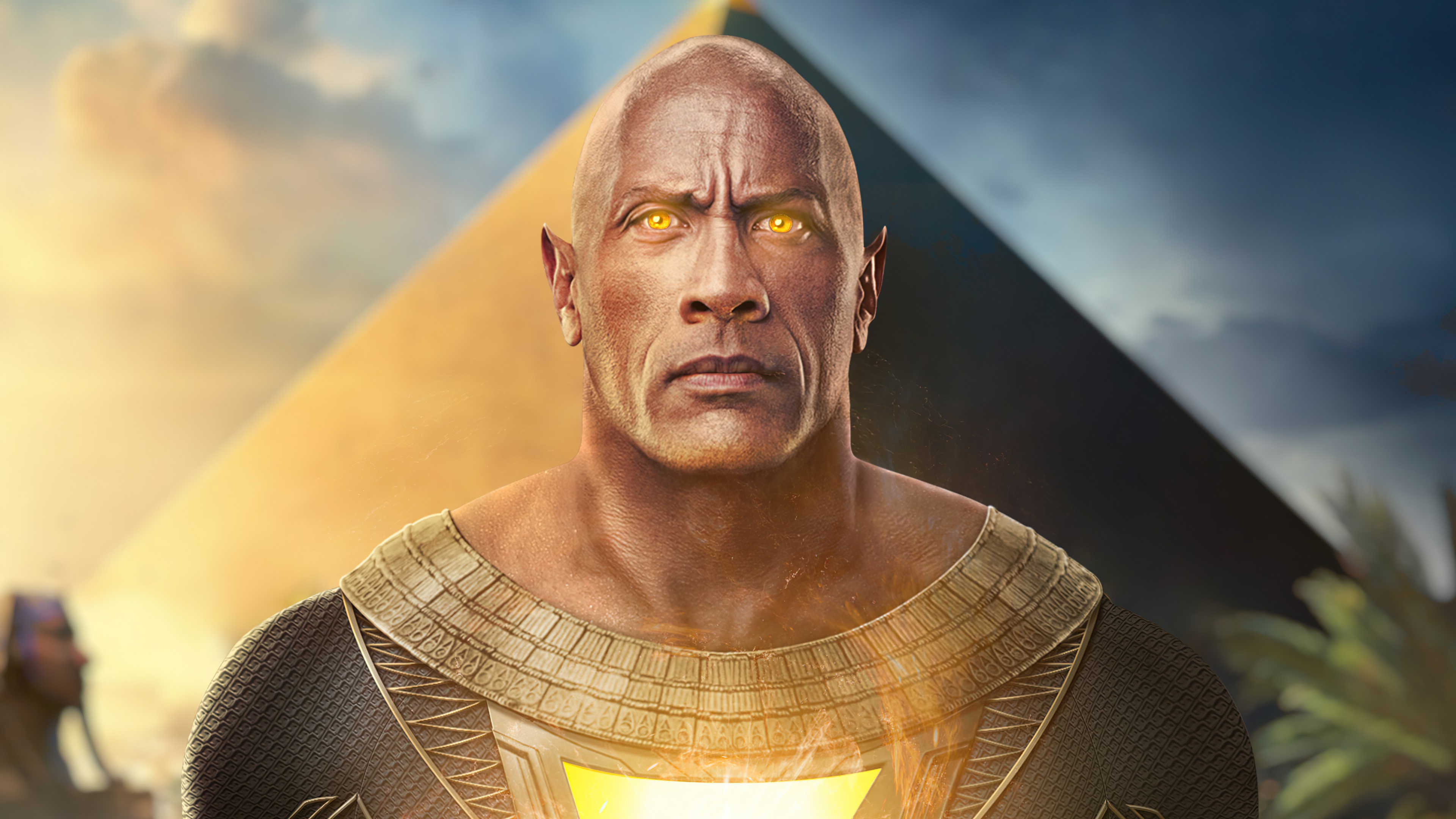 Black Adam with glowing eyes and pyramid background HD Wallpaper