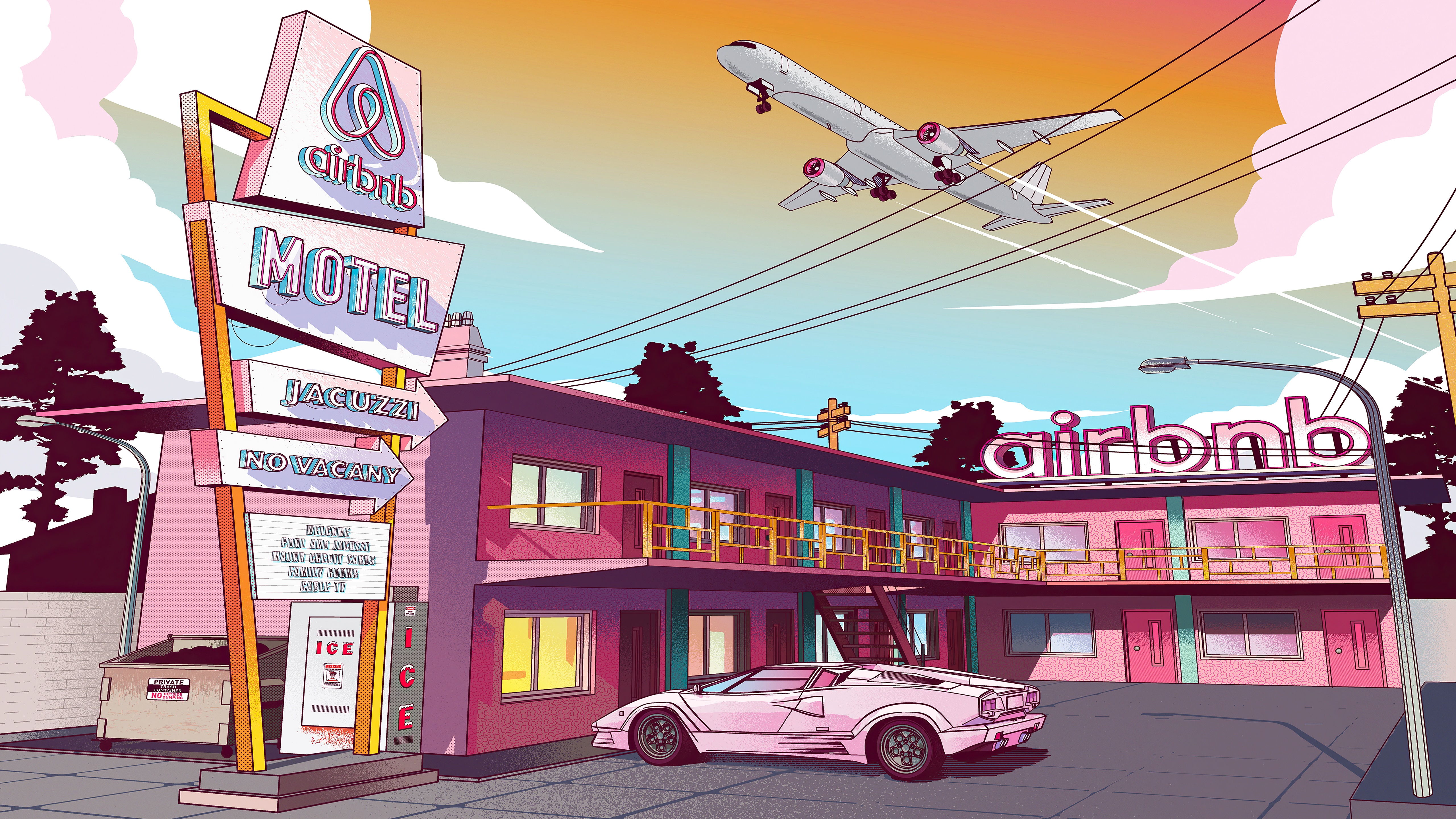Retro Airbnb Motel with Airplane and Sports Car HD Wallpaper