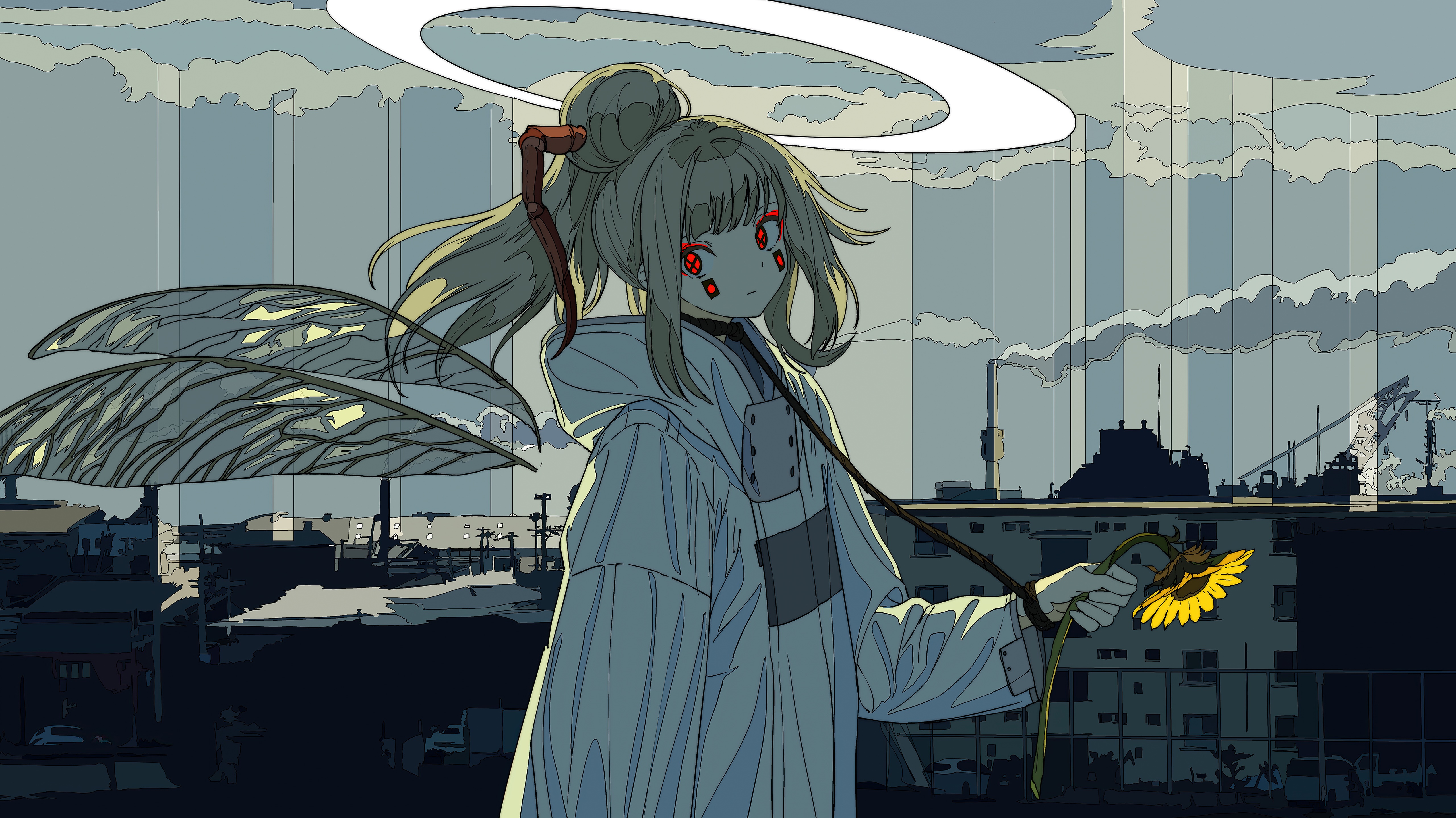 Anime girl with sunflower and industrial background HD Wallpaper