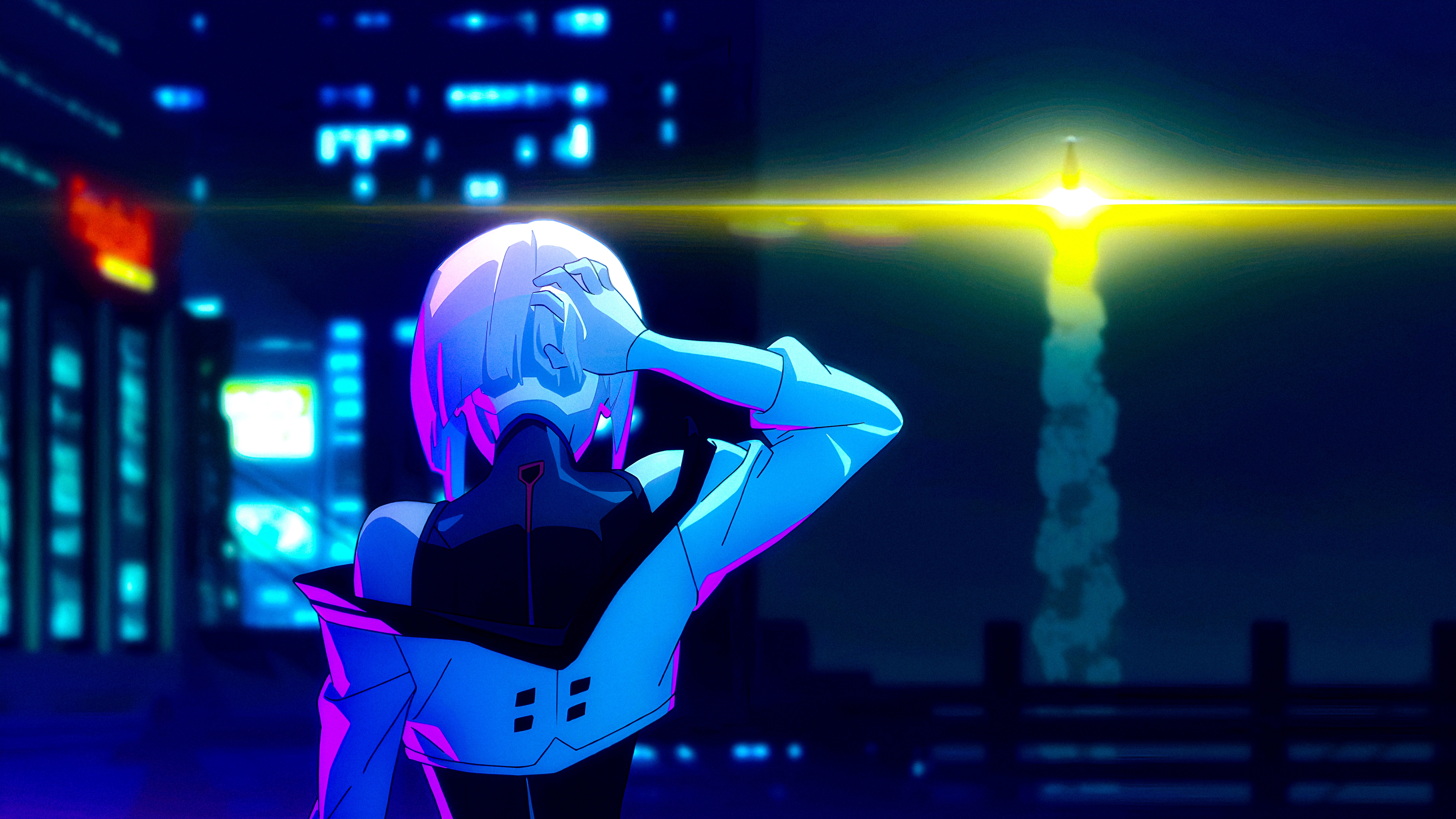 Lucy from Cyberpunk: Edgerunners looking at a rocket launch HD Wallpaper