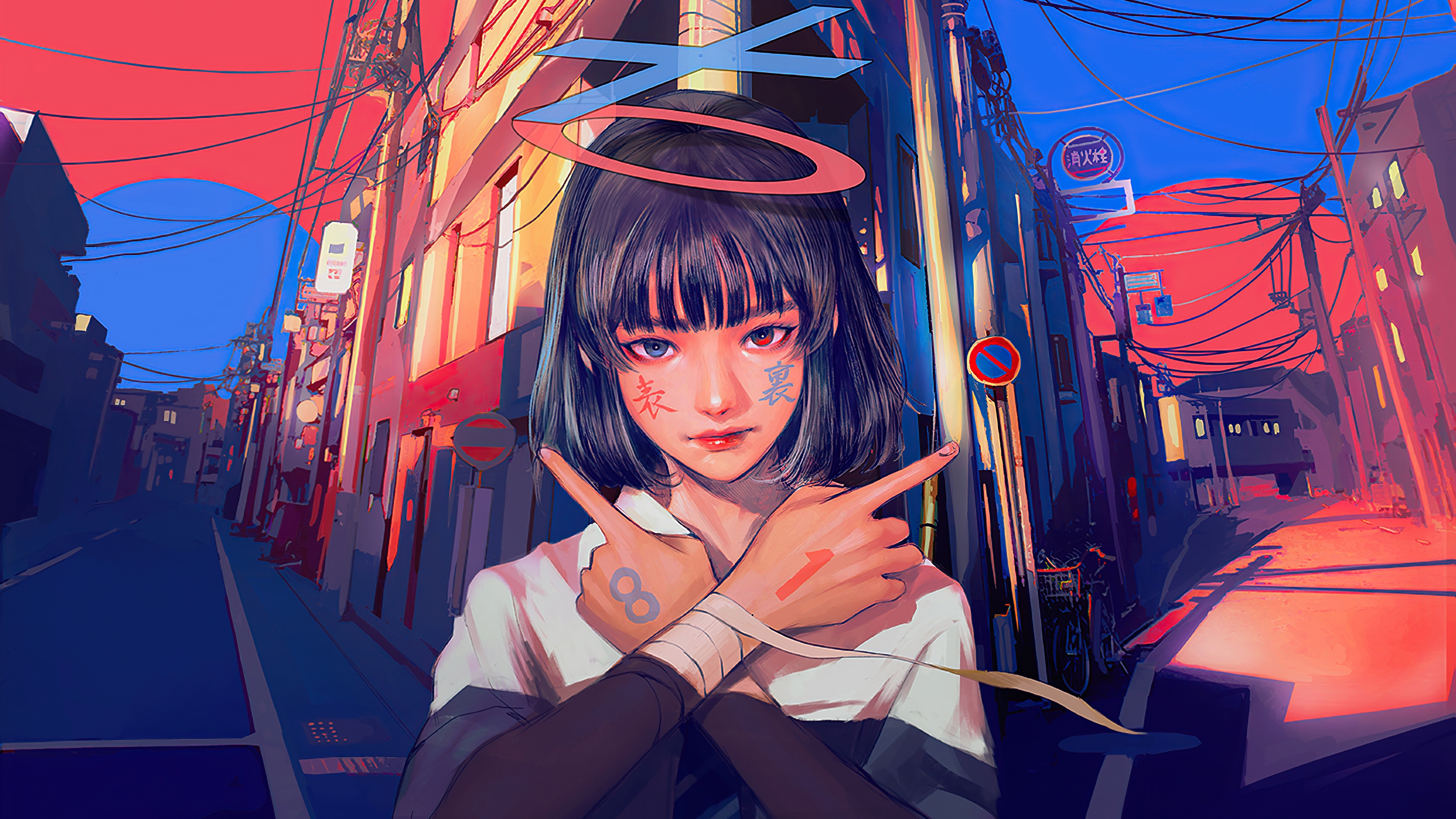 Anime girl with halo and scissors in a city street HD Wallpaper