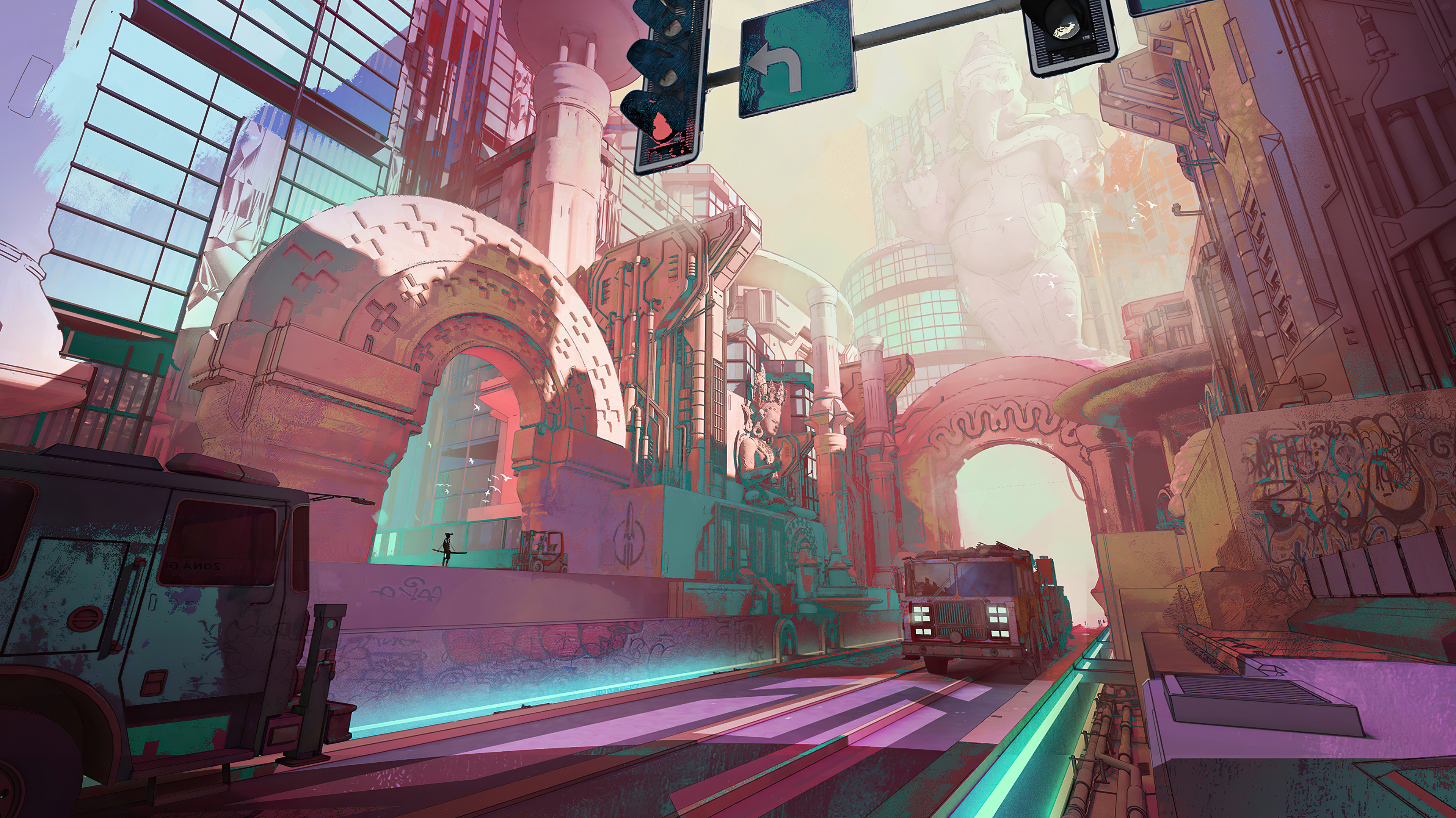 Digital art of a futuristic city with trucks HD Wallpaper