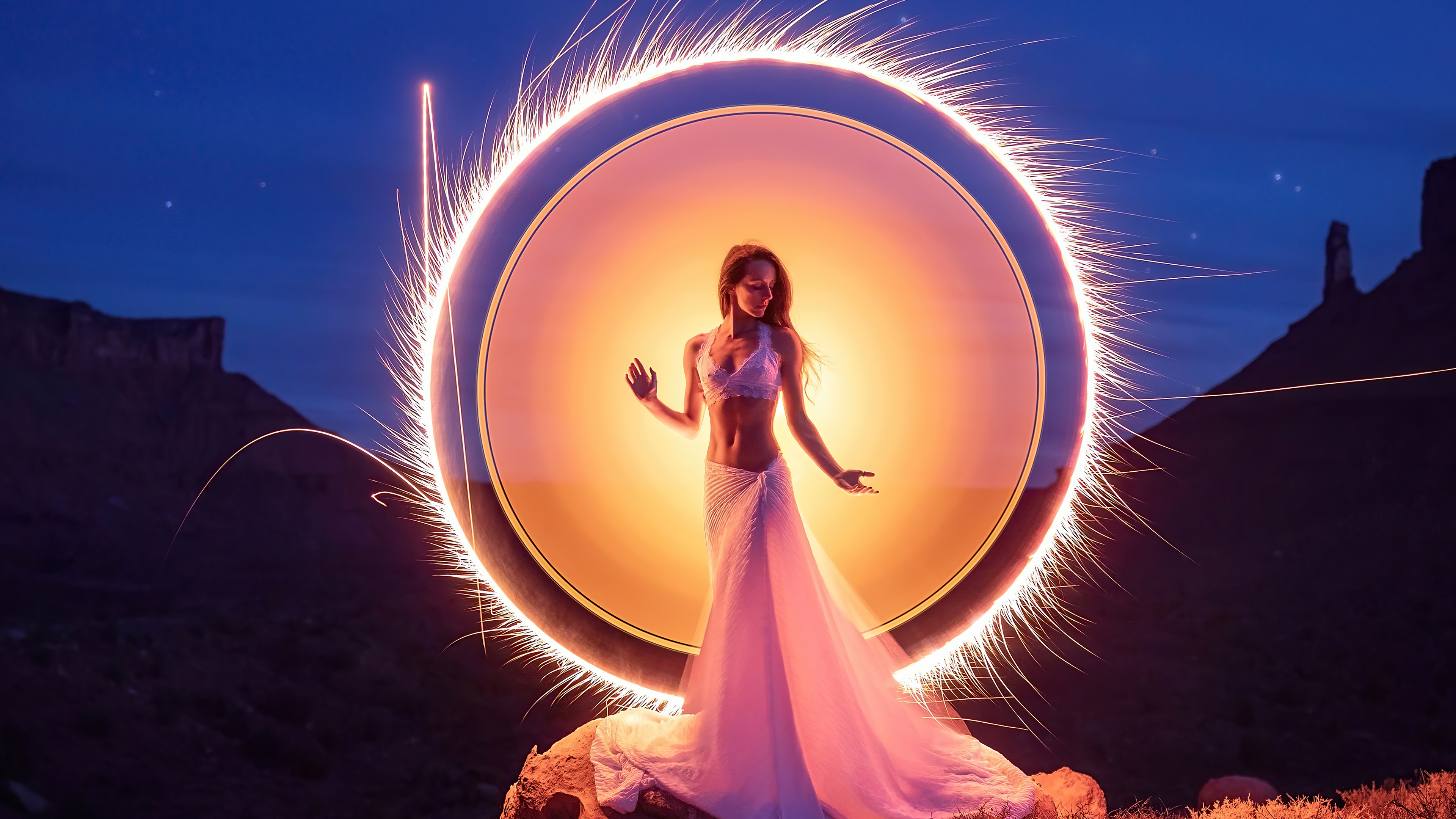 Woman in a white dress in a fiery portal HD Wallpaper