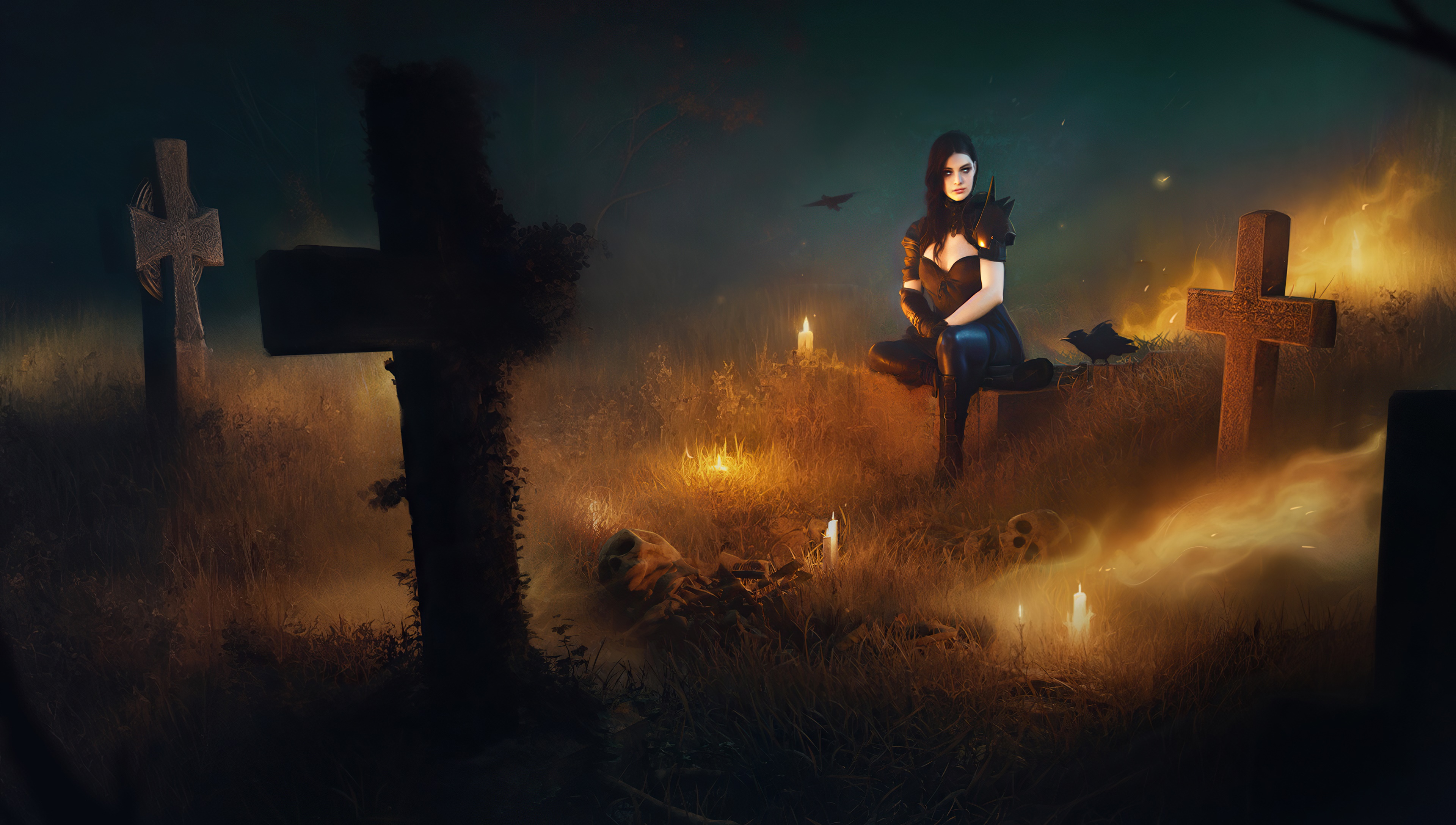 Woman in gothic attire in a graveyard HD Wallpaper