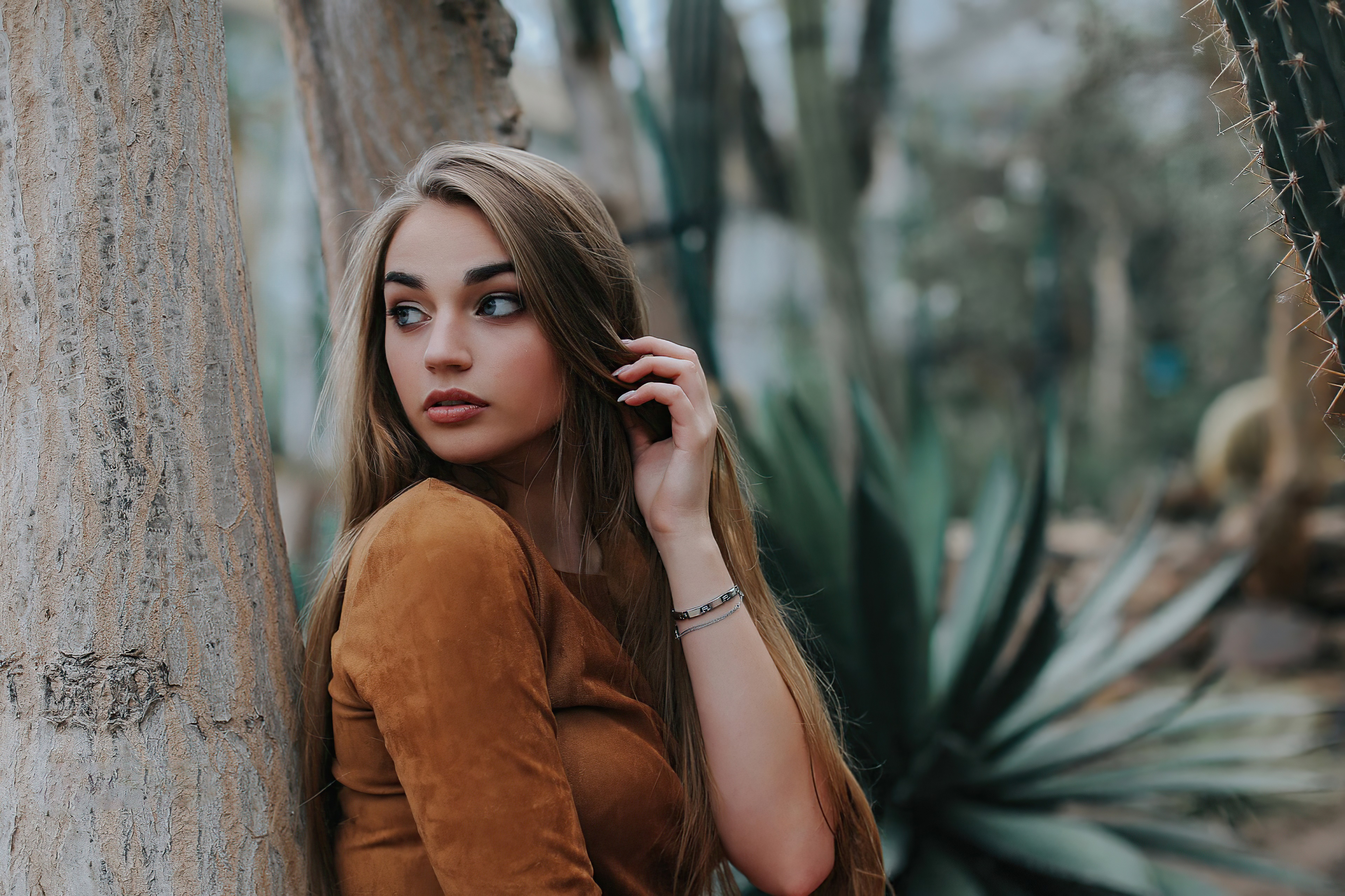 Girl in brown dress near tree and cacti HD Wallpaper