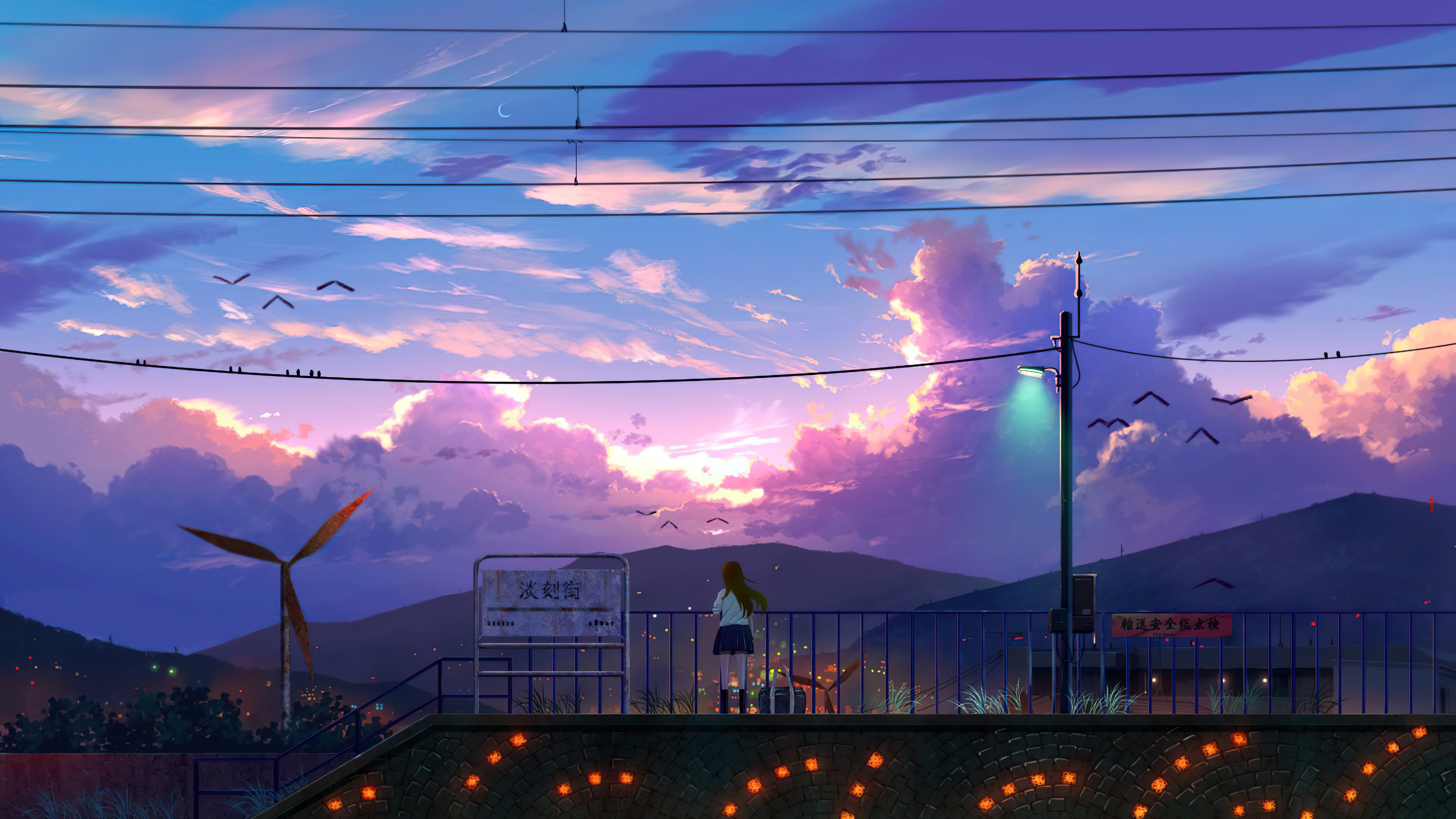 Anime girl watching sunset with wind turbine HD Wallpaper