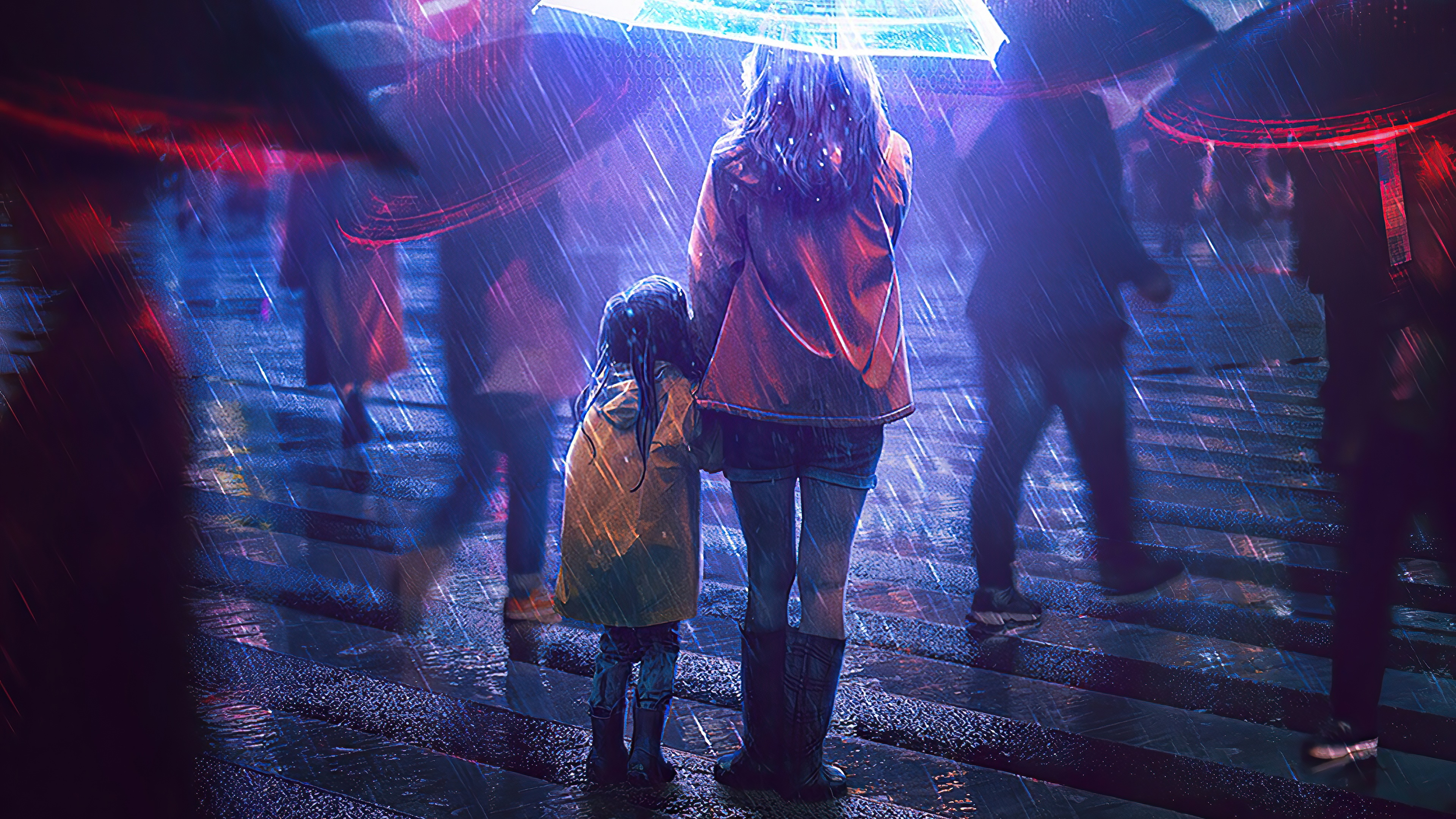 Mother and daughter under an umbrella in the rain HD Wallpaper